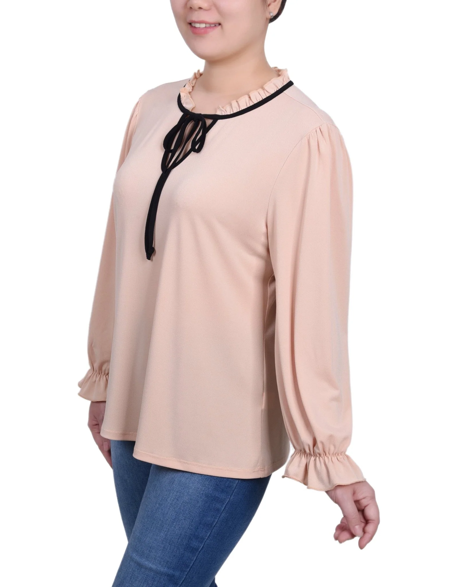 Long Sleeve Tie Neck Top - Petite - Image 2
