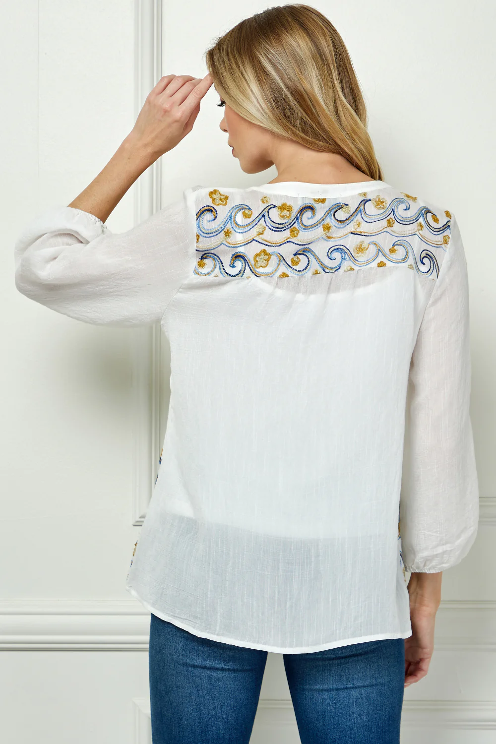 Long Sleeve Yolk Neck Top With Printed Border - Image 3