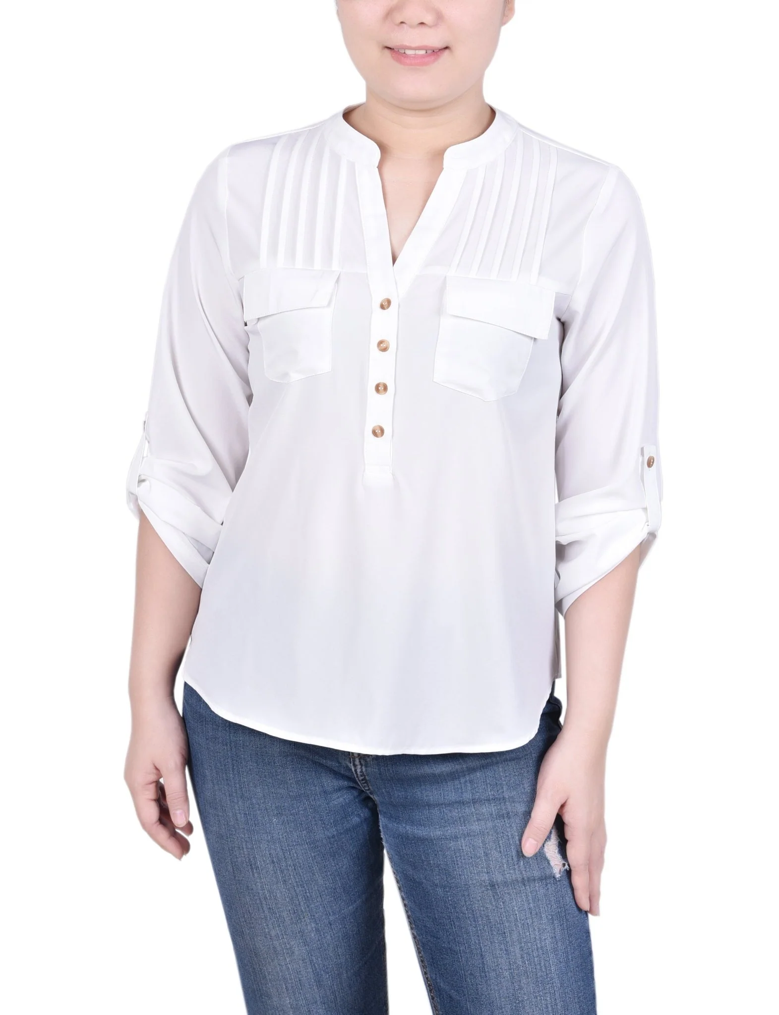 Long Tab-Sleeve Blouse With Pockets - Petite - Image 4