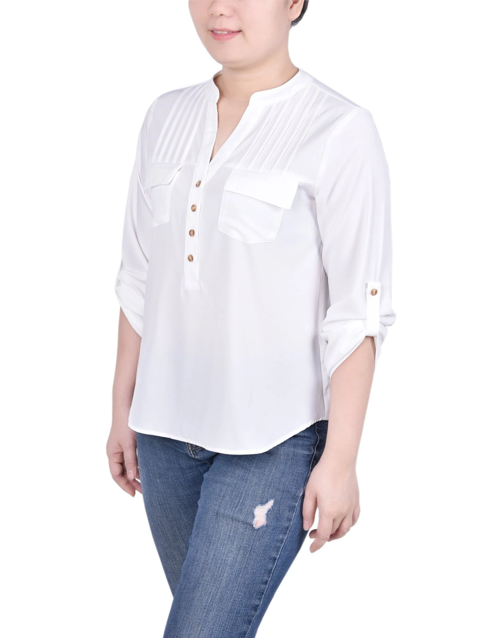 Long Tab-Sleeve Blouse With Pockets - Petite - Image 5