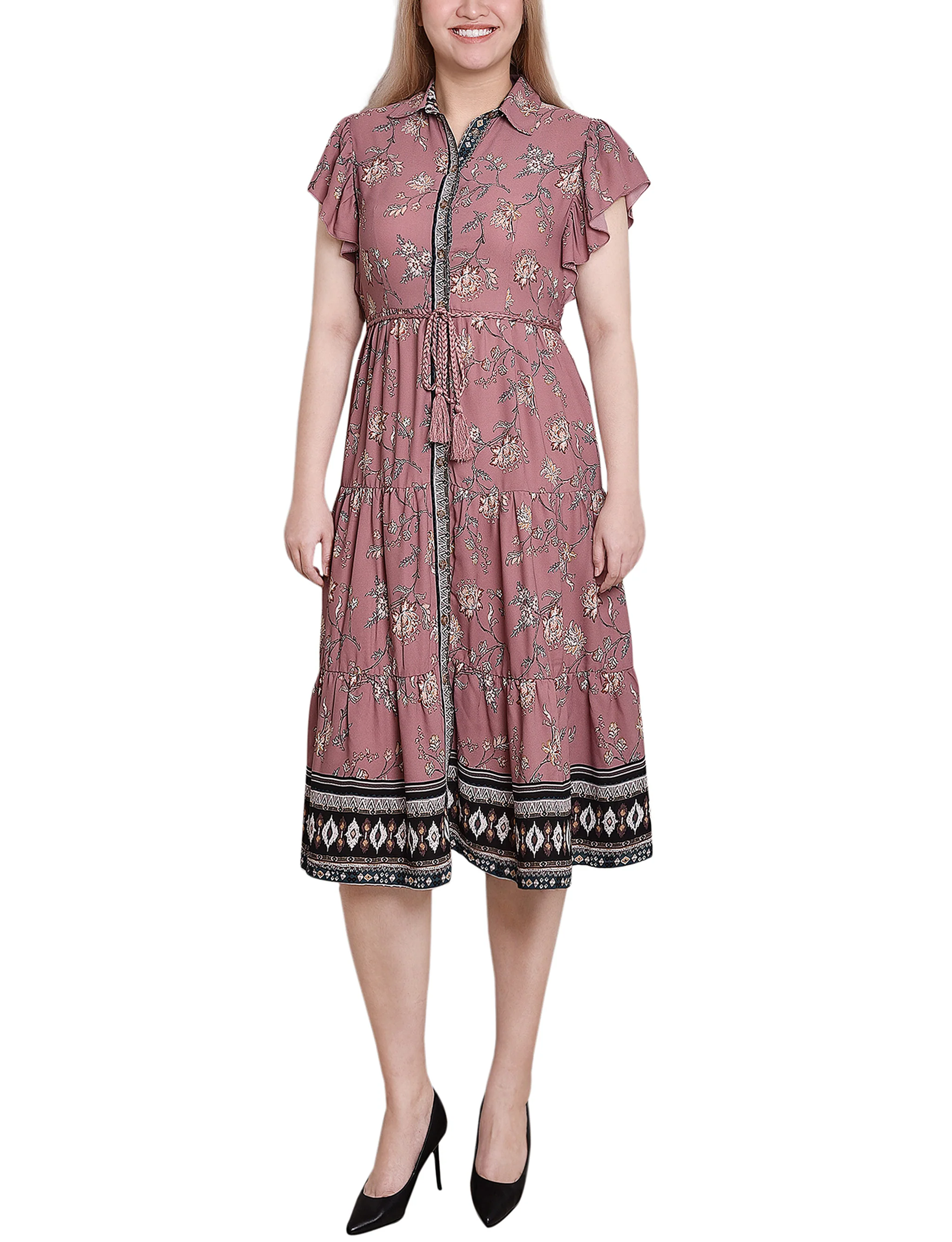 Mauve Floral Short Sleeve Tiered Border Print Dress - Image 2