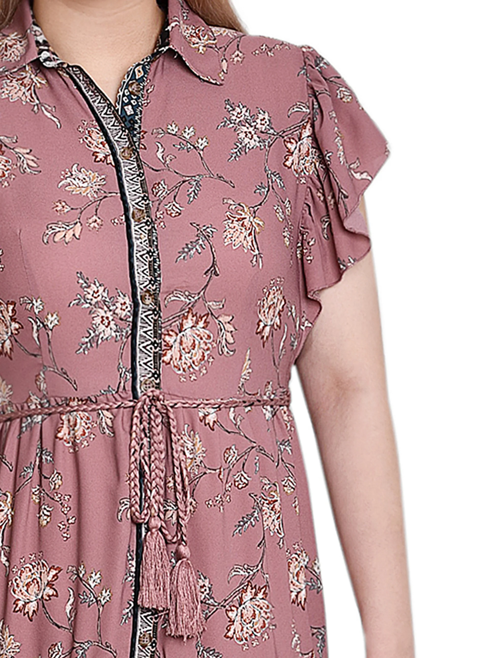 Mauve Floral Short Sleeve Tiered Border Print Dress - Image 4