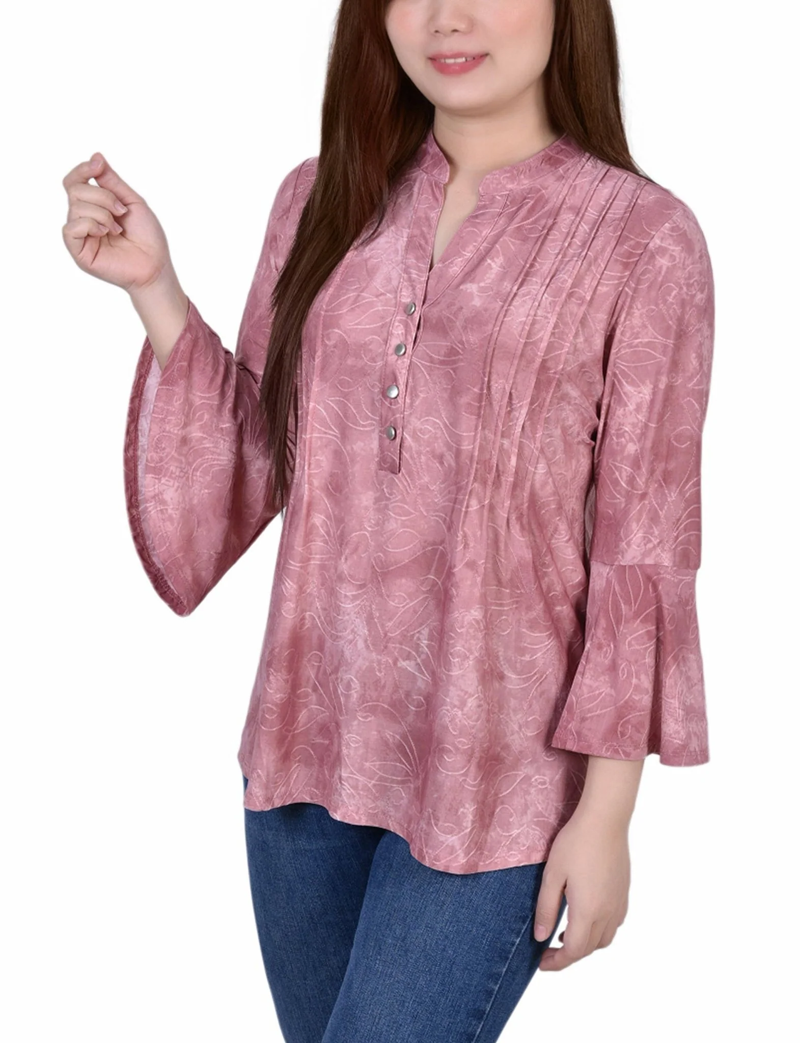 Mauve Tie Dye 3/4 Bell Sleeve Pleat Front Y Neck Top - Image 2