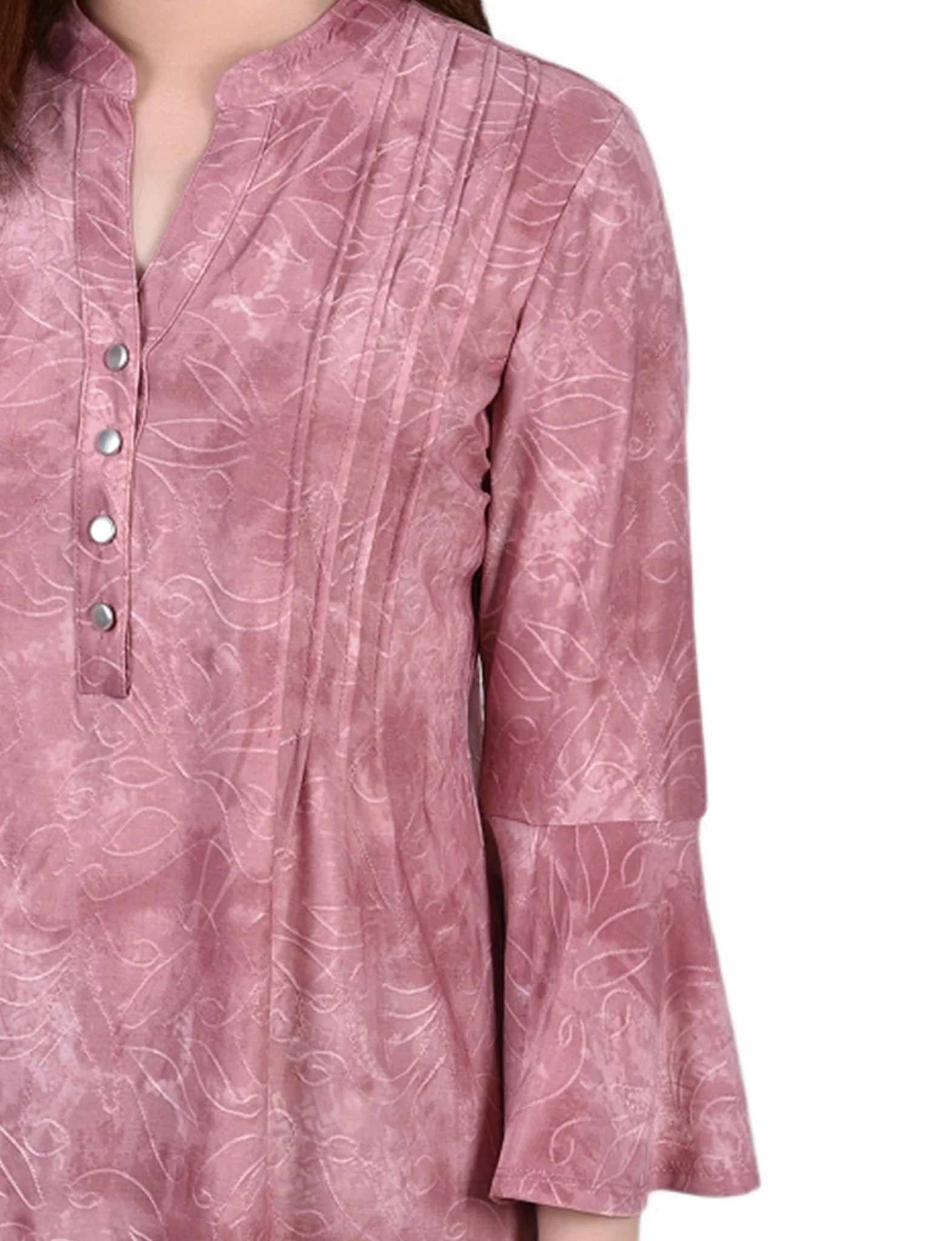 Mauve Tie Dye 3/4 Bell Sleeve Pleat Front Y Neck Top - Image 3