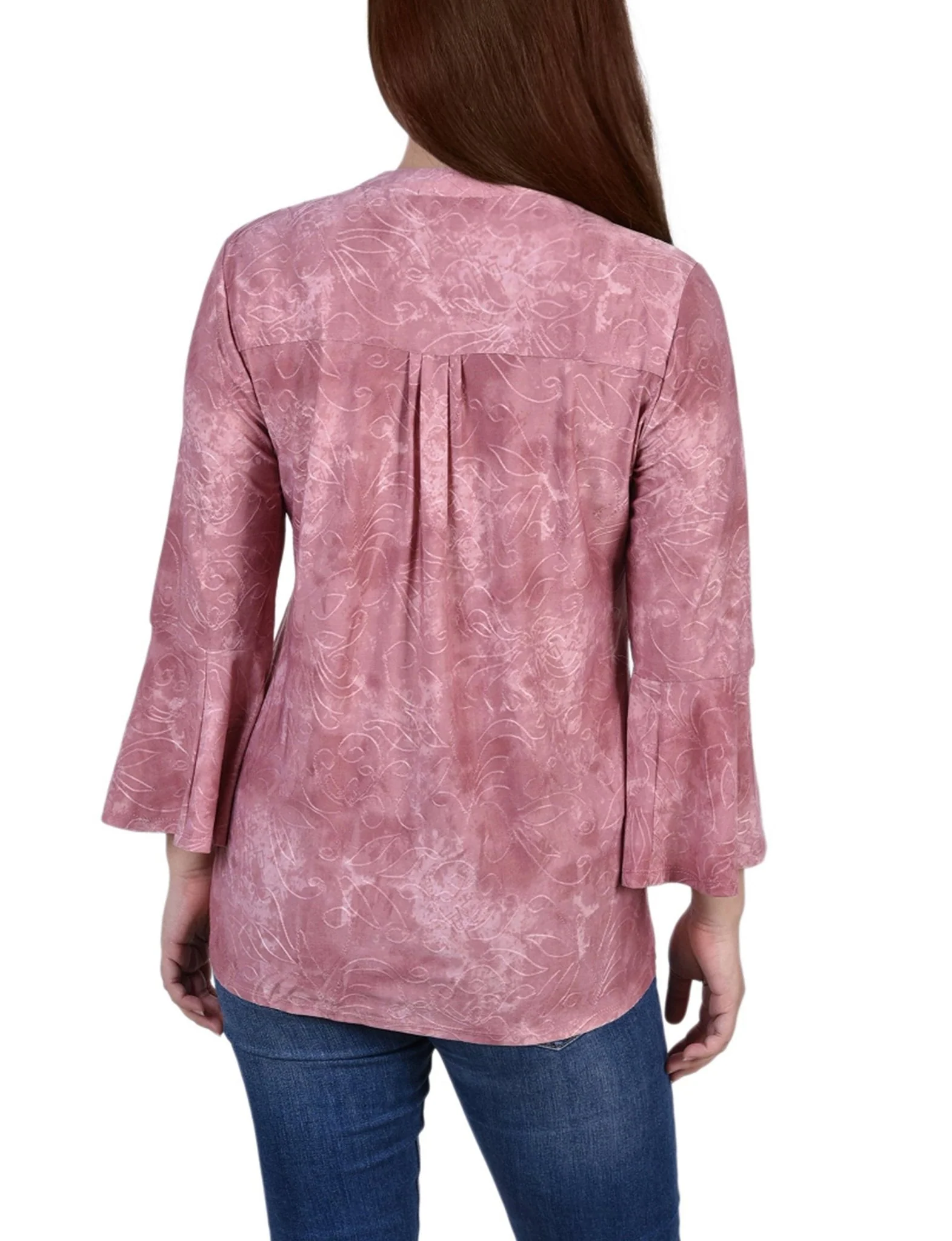 Mauve Tie Dye 3/4 Bell Sleeve Pleat Front Y Neck Top - Image 4