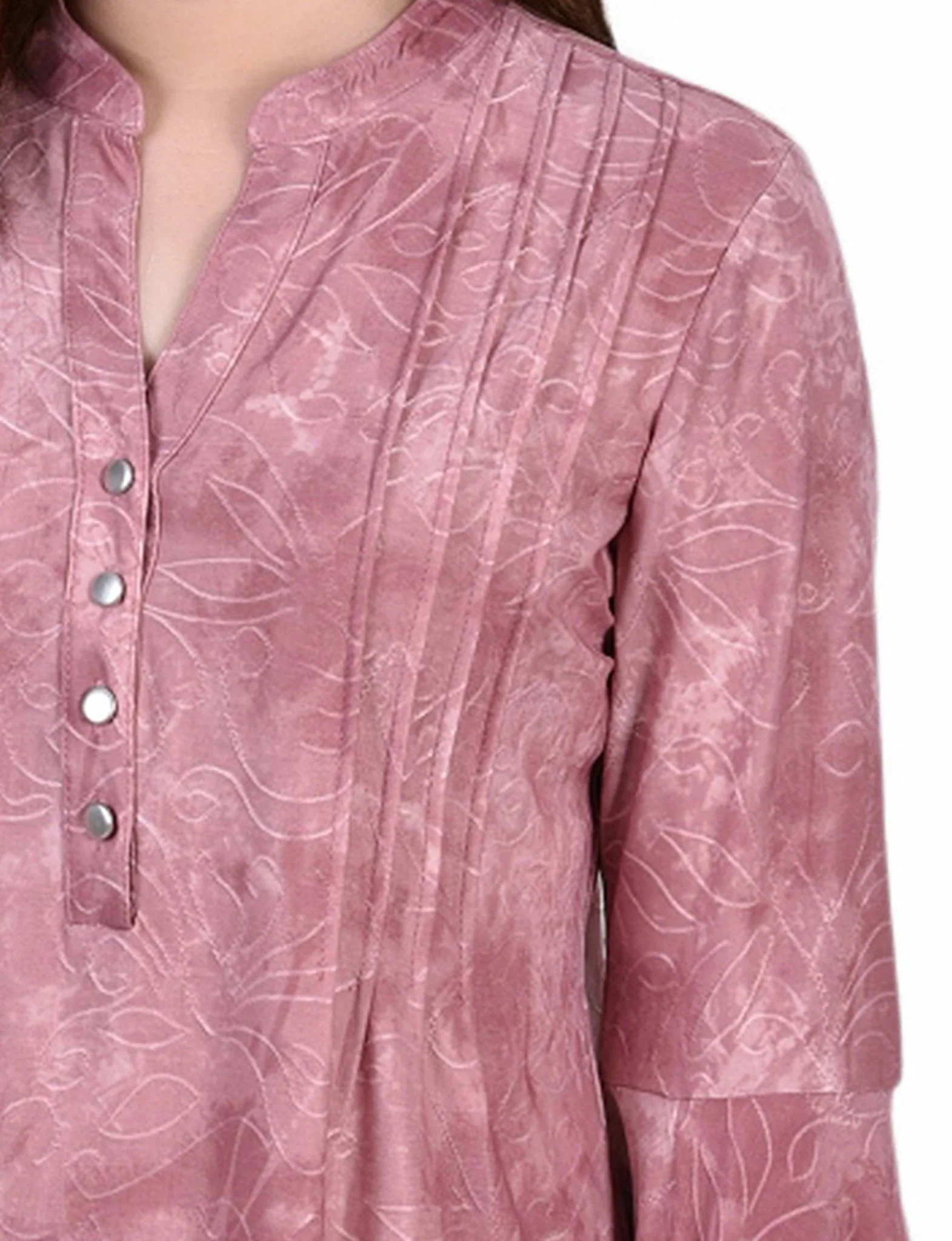 Mauve Tie Dye 3/4 Bell Sleeve Pleat Front Y Neck Top - Petite - Image 3