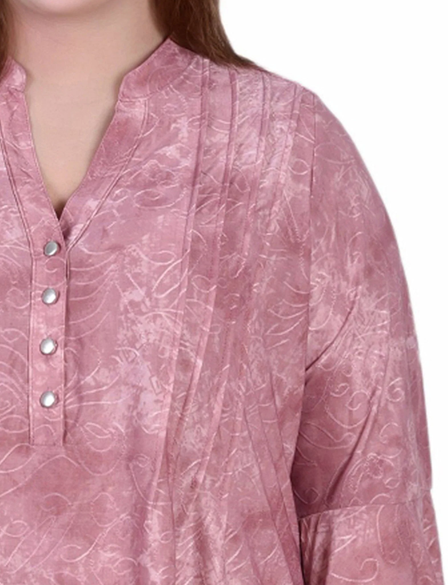 Mauve Tie Dye 3/4 Bell Sleeve Pleat Front Y Neck Top - Plus - Image 3