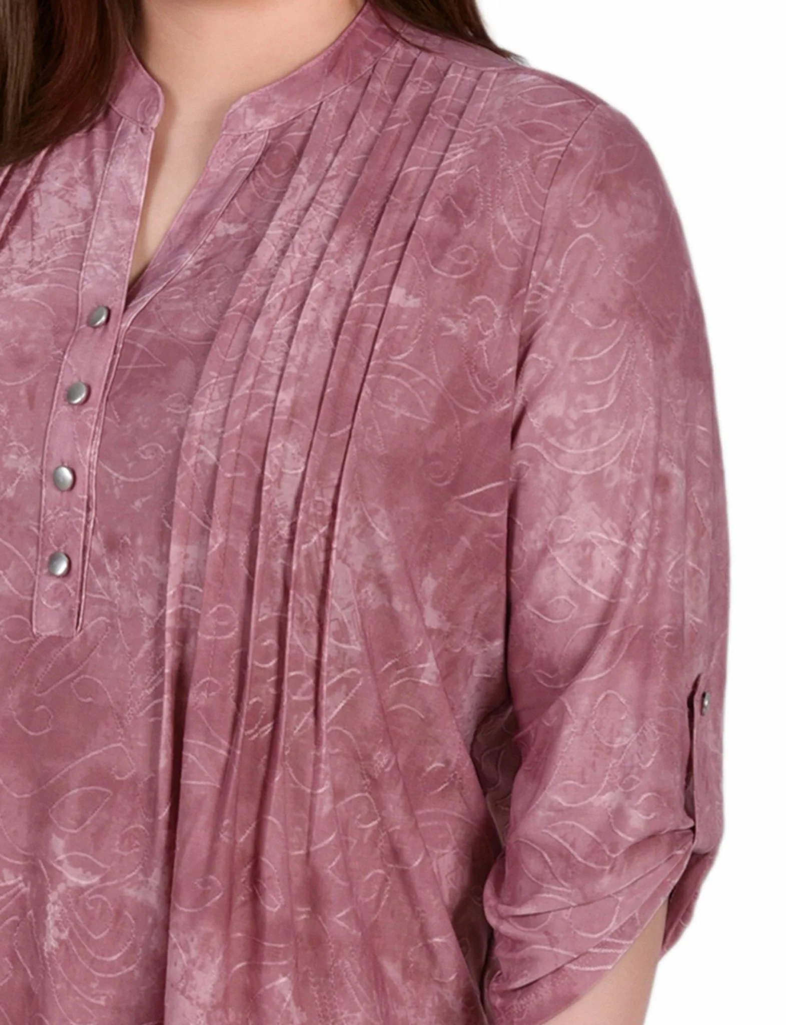 Mauve Tie Dye 3/4 Sleeve Roll Tab Y Neck Top - Plus - Image 3