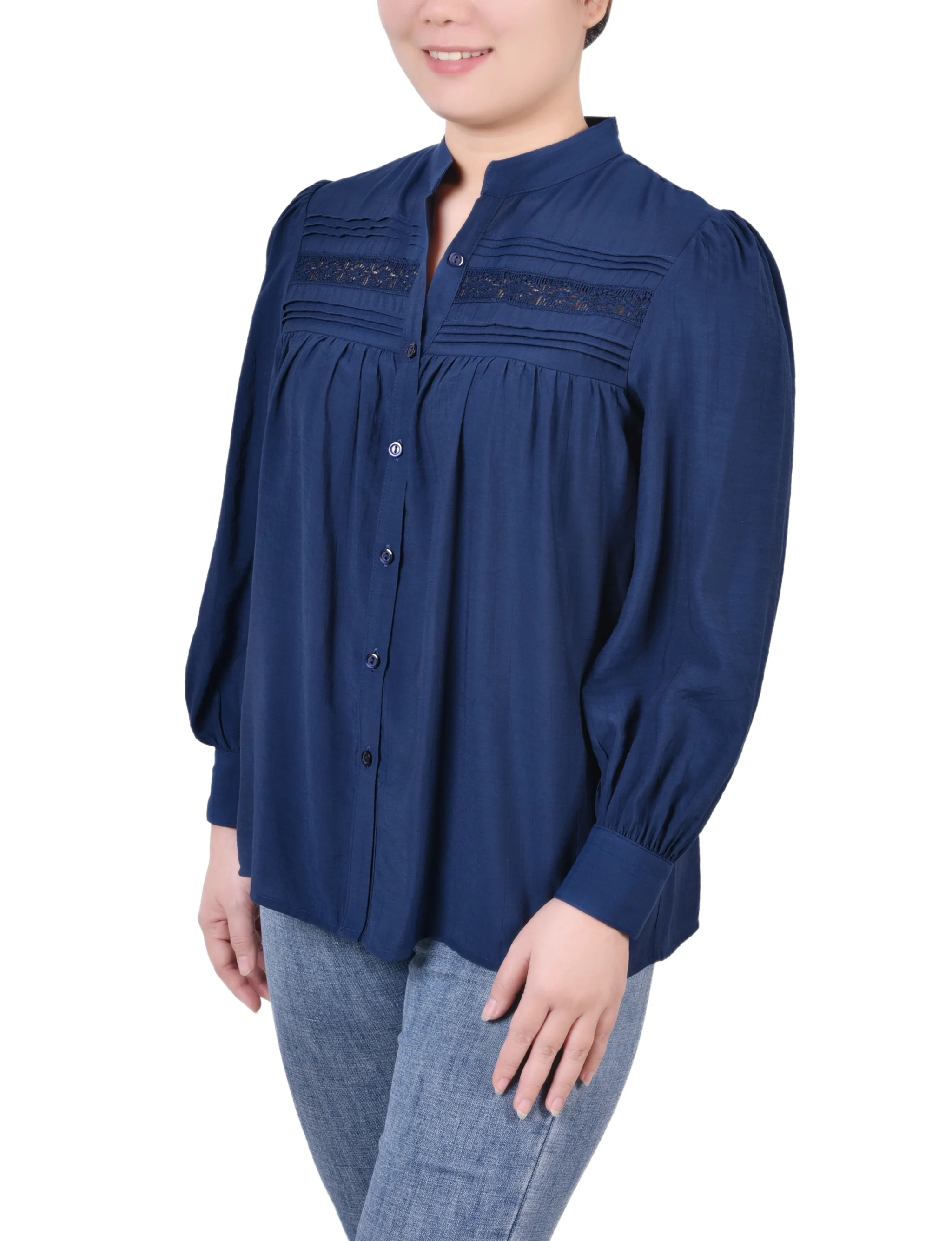 Medieval Blue Long Sleeve Crochet Blouse - Image 2