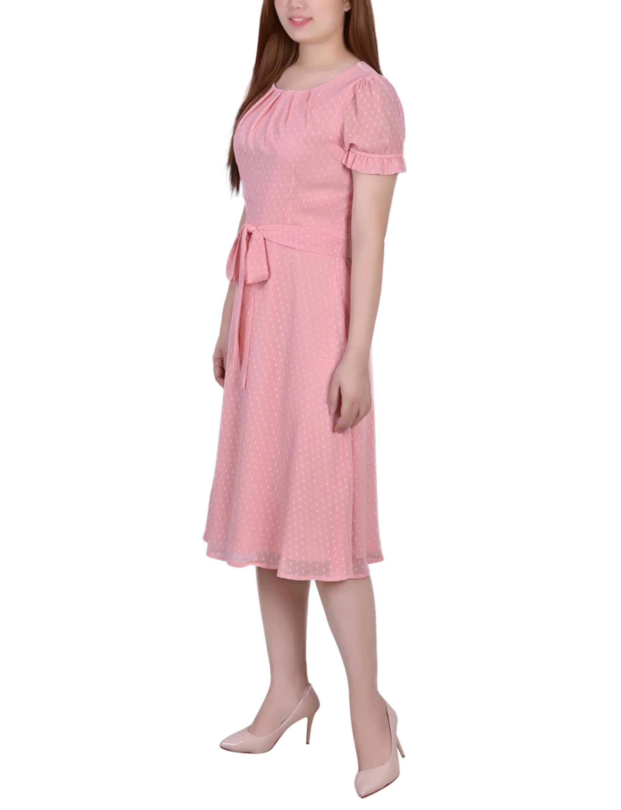 Mellow Rose Short Sleeve Belted Swiss Dot Dress - Image 2