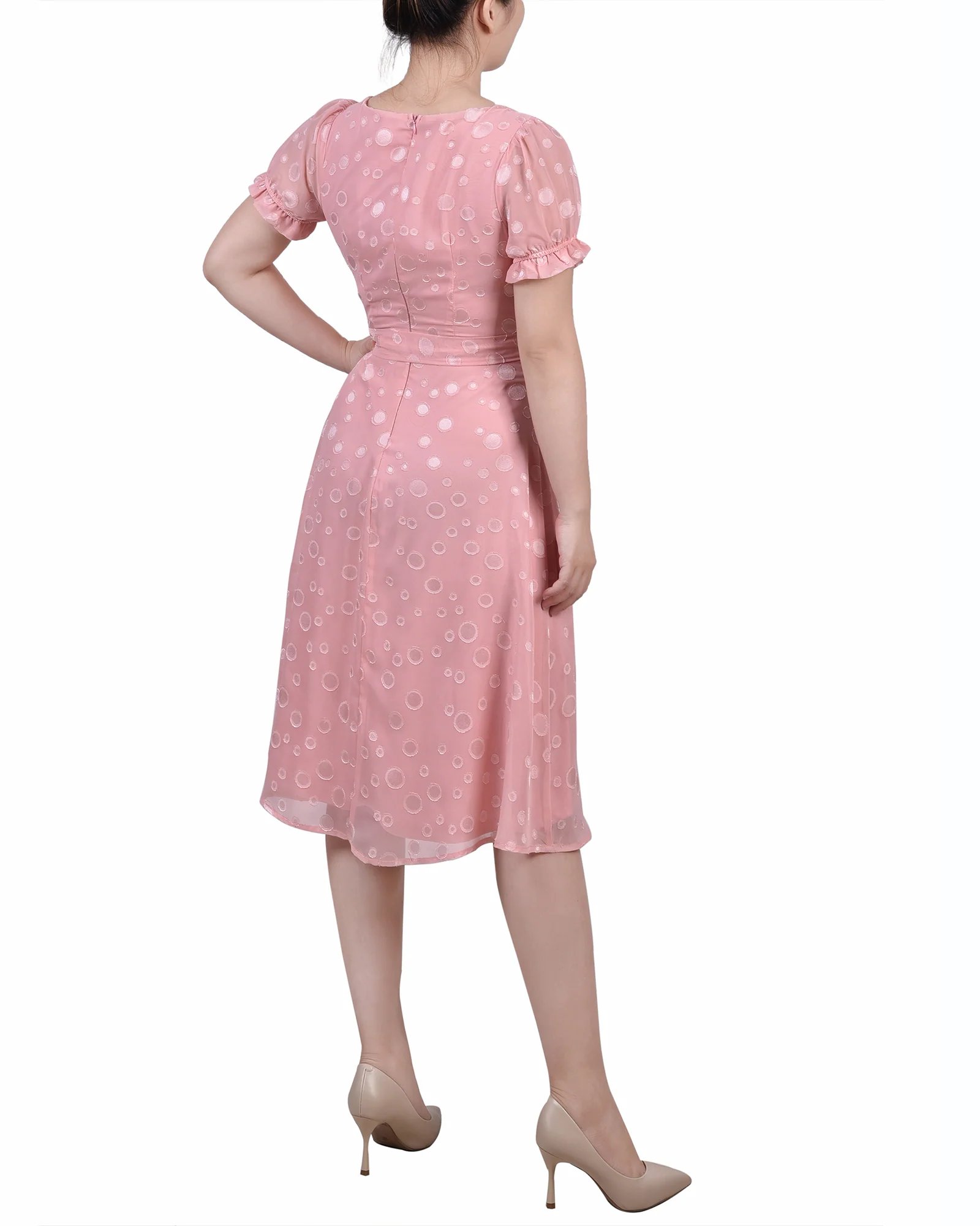 Mellow Rose Short Sleeve Belted Swiss Dot Dress - Petite - Image 3