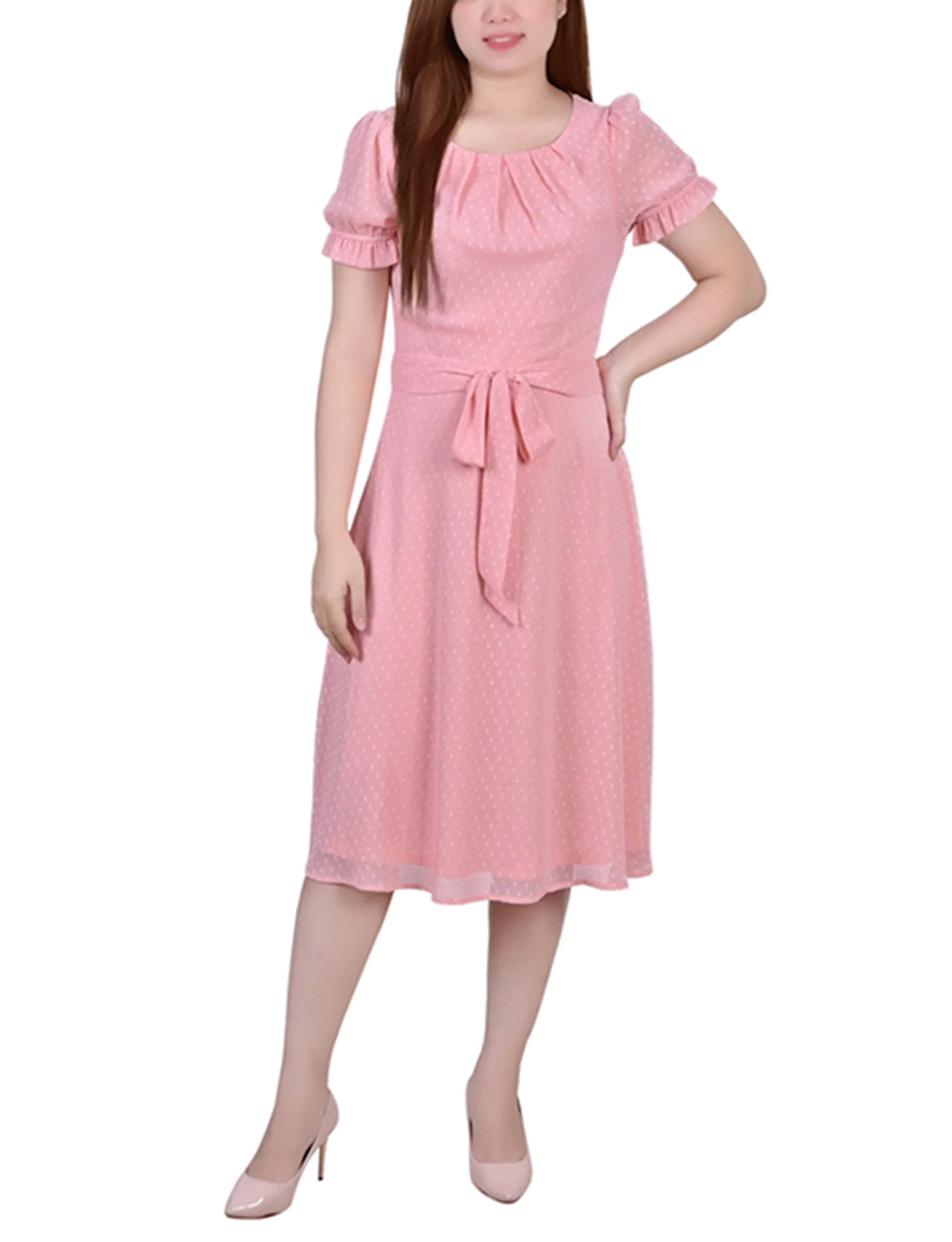 Mellow Rose Short Sleeve Belted Swiss Dot Dress - Petite - Image 4