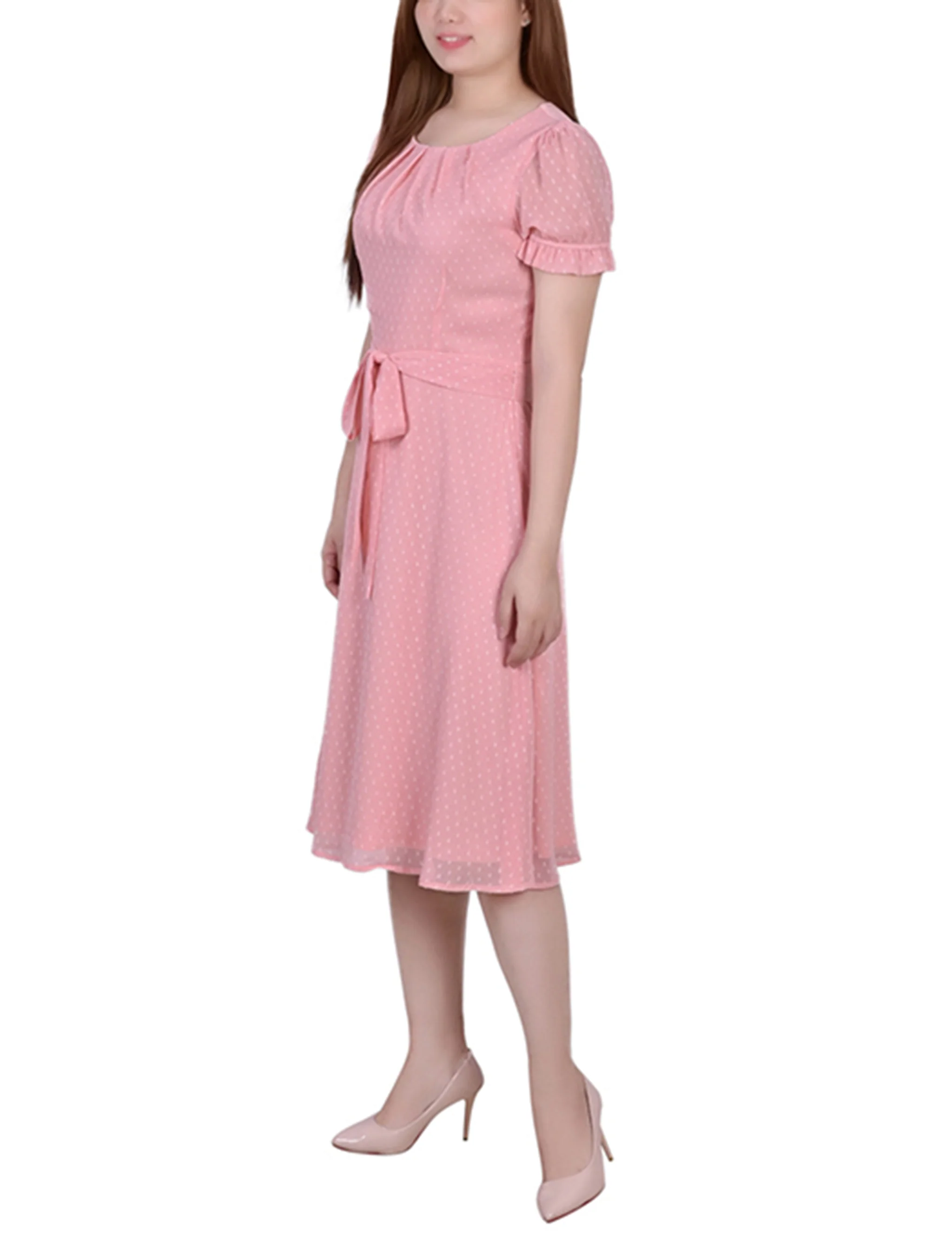 Mellow Rose Short Sleeve Belted Swiss Dot Dress - Petite - Image 5