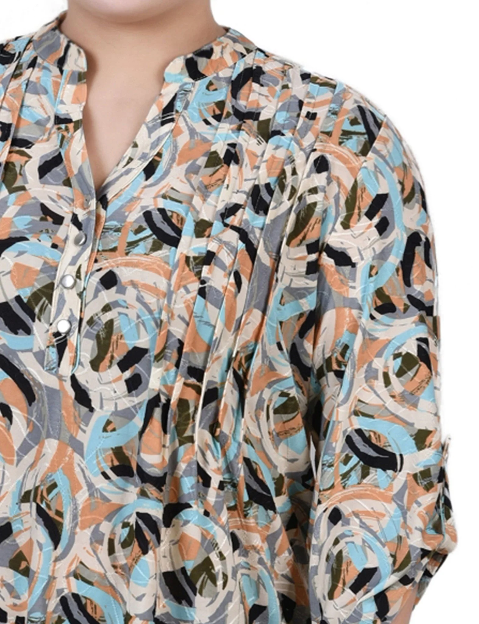 Multi Abstract 3/4 Sleeve Roll Tab Y Neck Top - Plus - Image 3