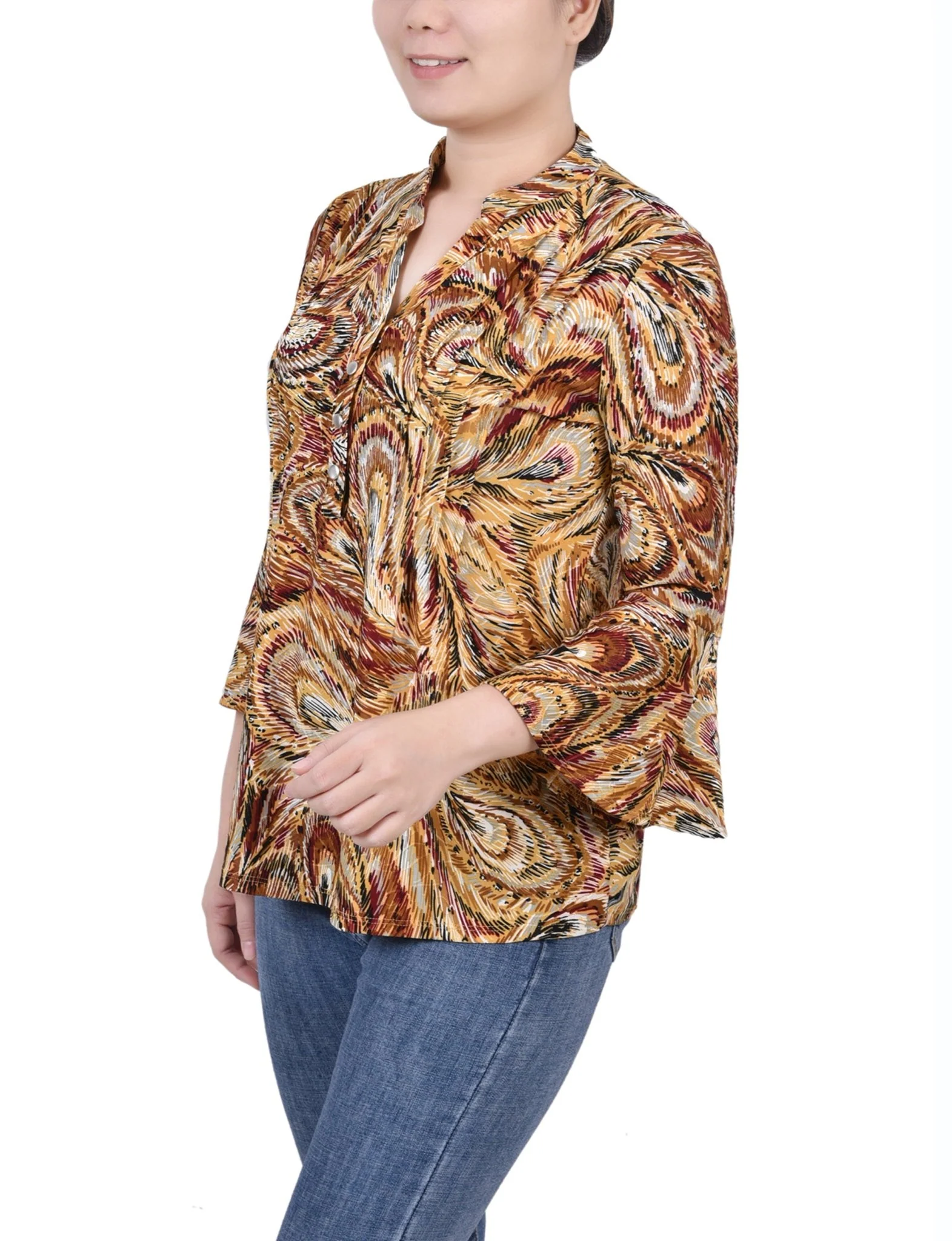 Multi Grey Peacock 3/4 Bell Sleeve Pleat Front Y Neck Top - Petite - Image 2