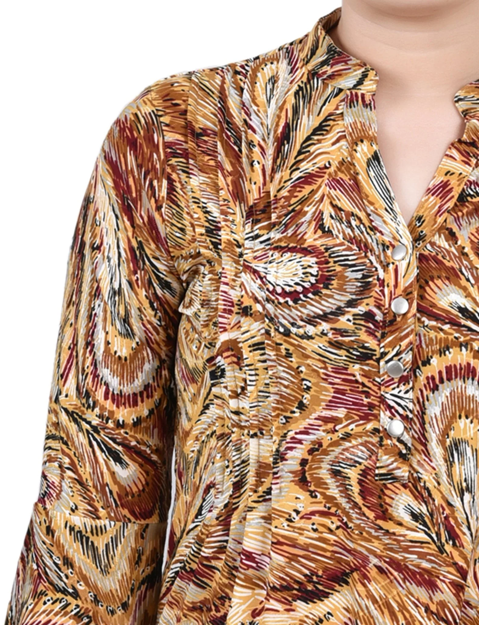 Multi Grey Peacock 3/4 Bell Sleeve Pleat Front Y Neck Top - Petite - Image 3