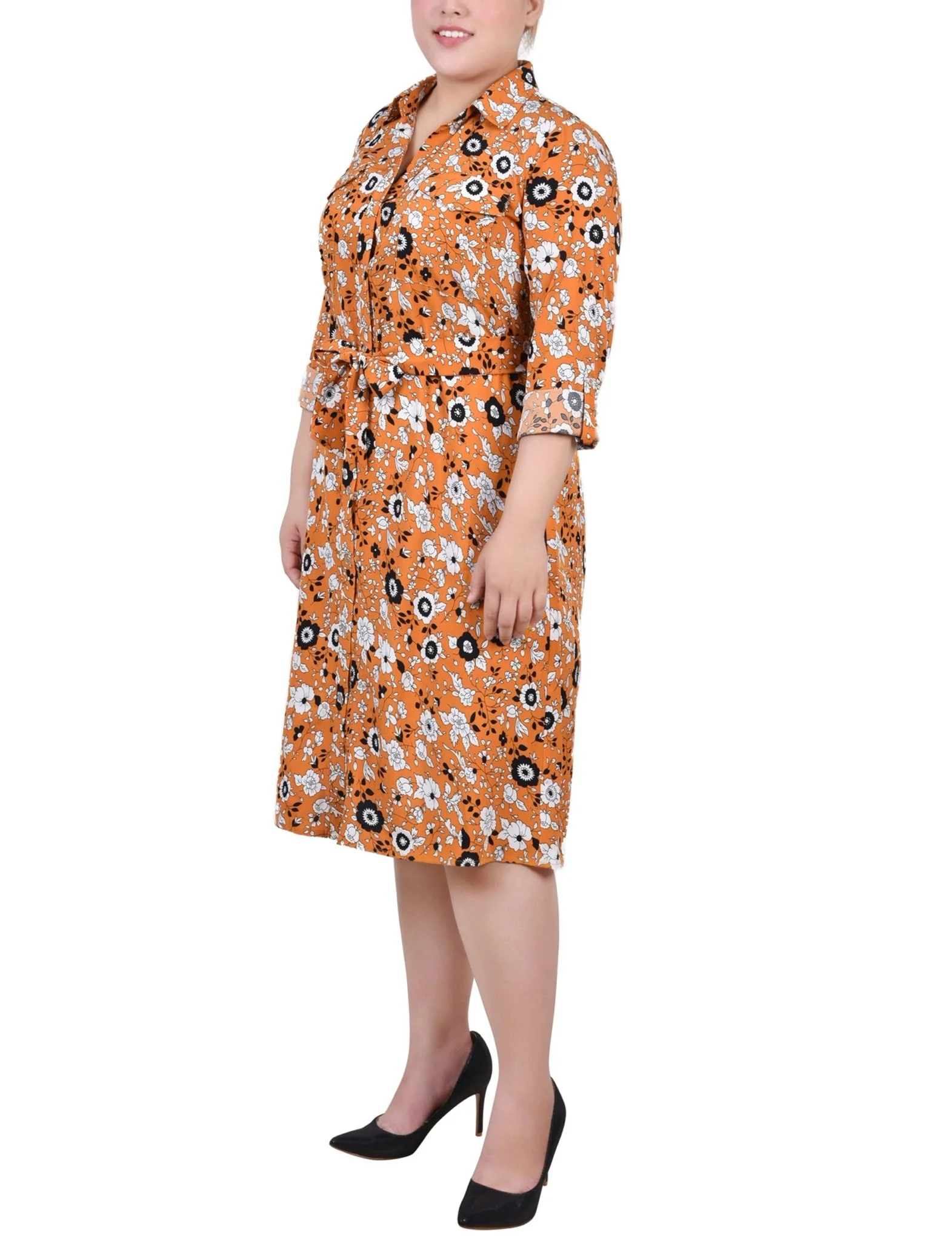 Mustard Black Floral 3/4 Roll Tab Sleeve Belted Shirtdress - Plus - Image 2