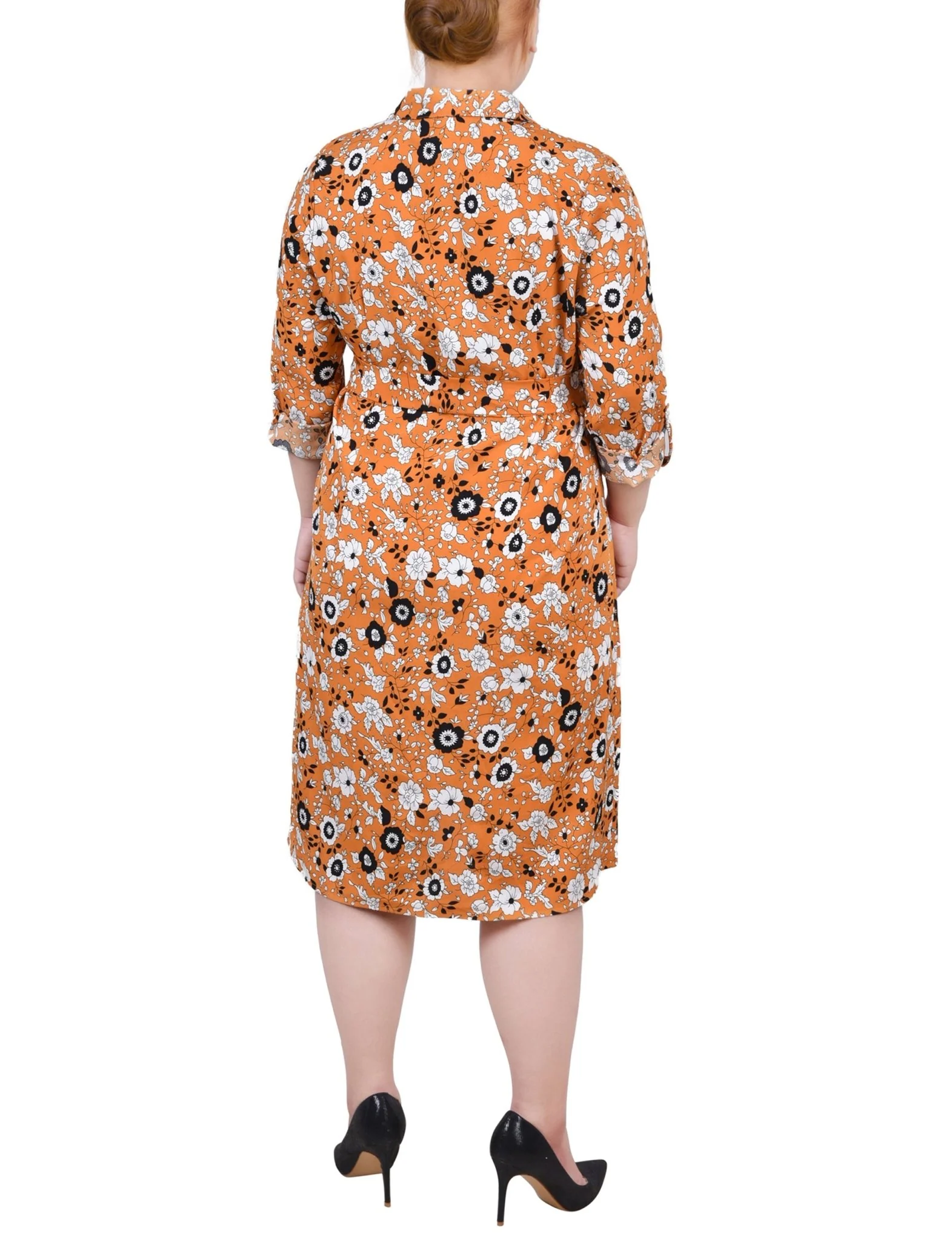 Mustard Black Floral 3/4 Roll Tab Sleeve Belted Shirtdress - Plus - Image 3