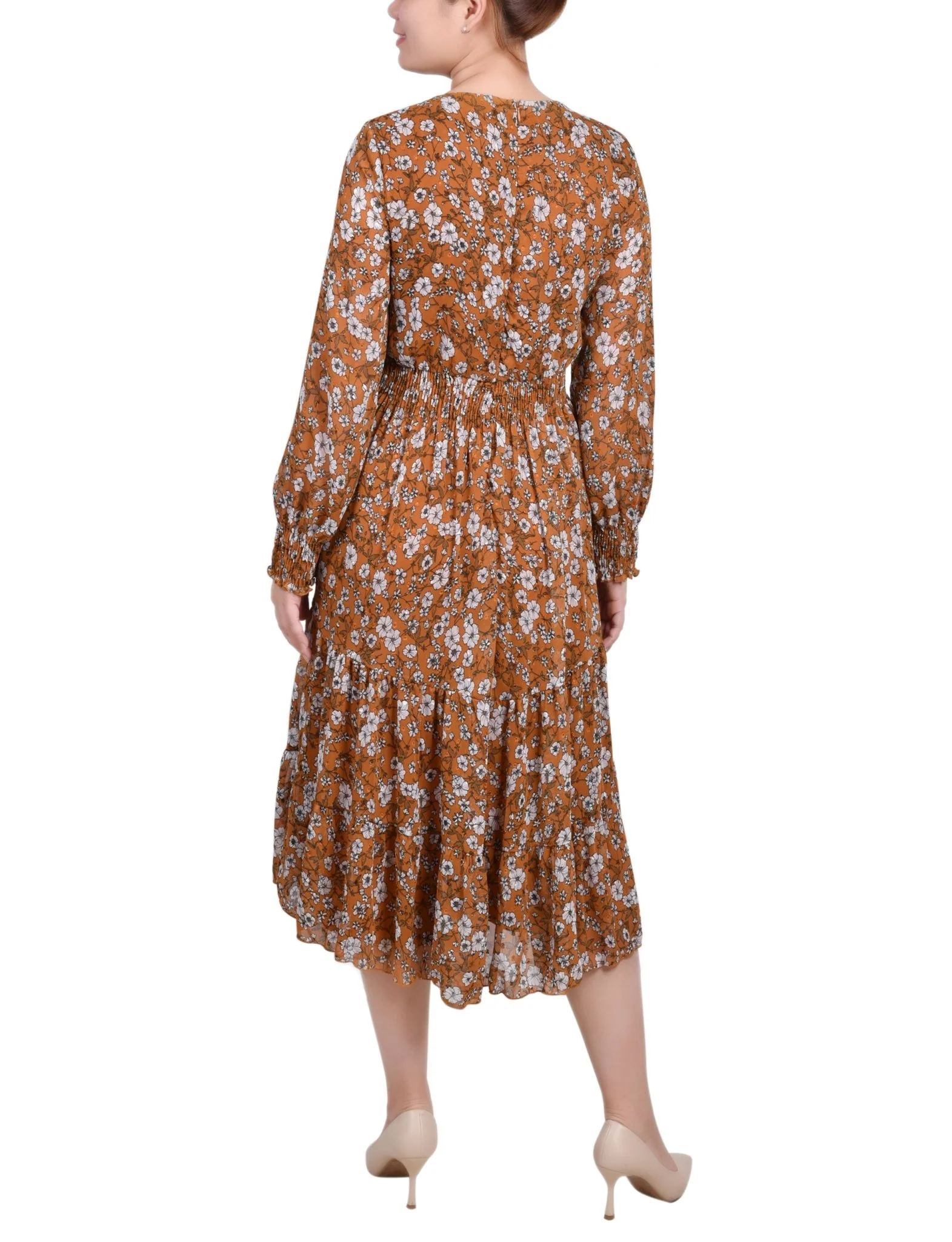 Mustard Floral Long Sleeve Clip Dot Chiffon Dress With Smocked Waist and Cuffs - Image 3