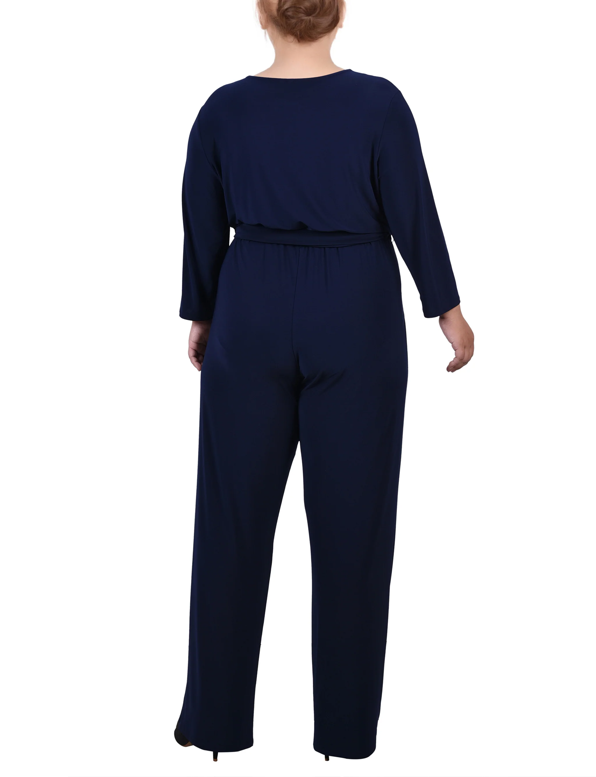 Navy 3/4 Sleeve Belted Jumpsuit - Plus - Image 4