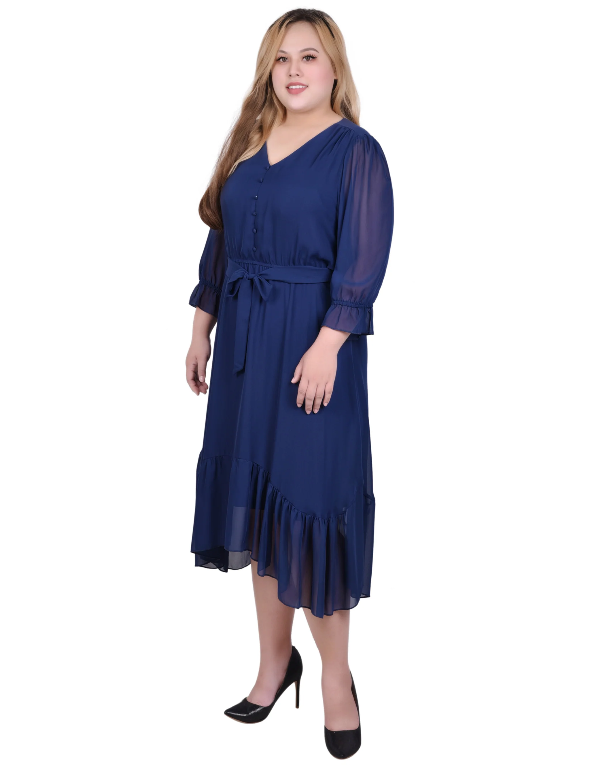 Navy 3/4 Sleeve V-Neck Flounced Dress - Plus - Image 2