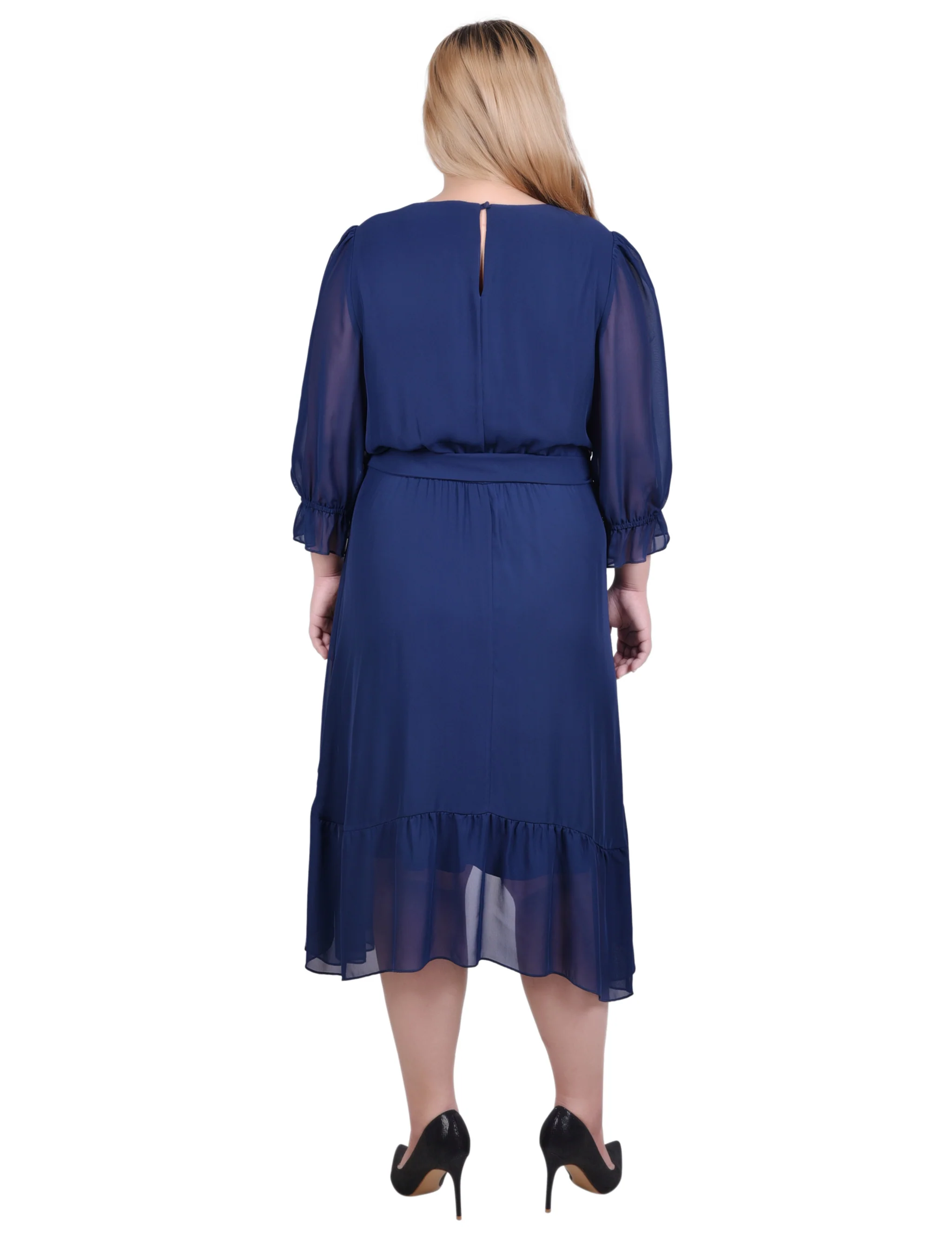Navy 3/4 Sleeve V-Neck Flounced Dress - Plus - Image 3