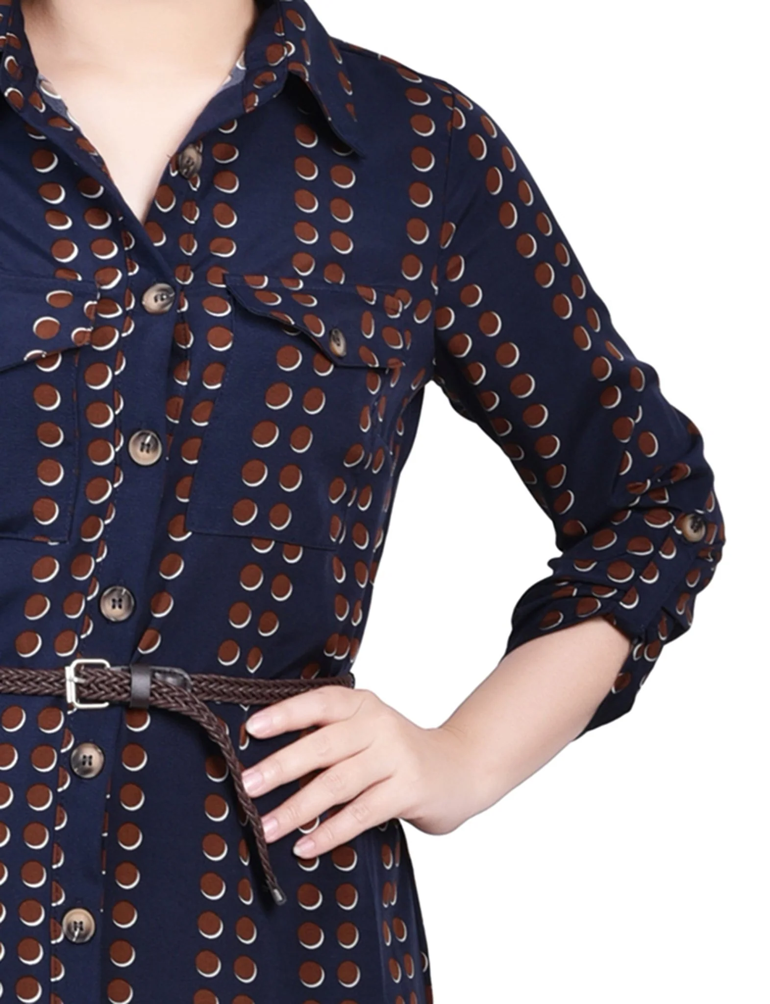 Navy Big Dot 3/4 Roll Tab Sleeve Shirtdress - Petite - Image 4