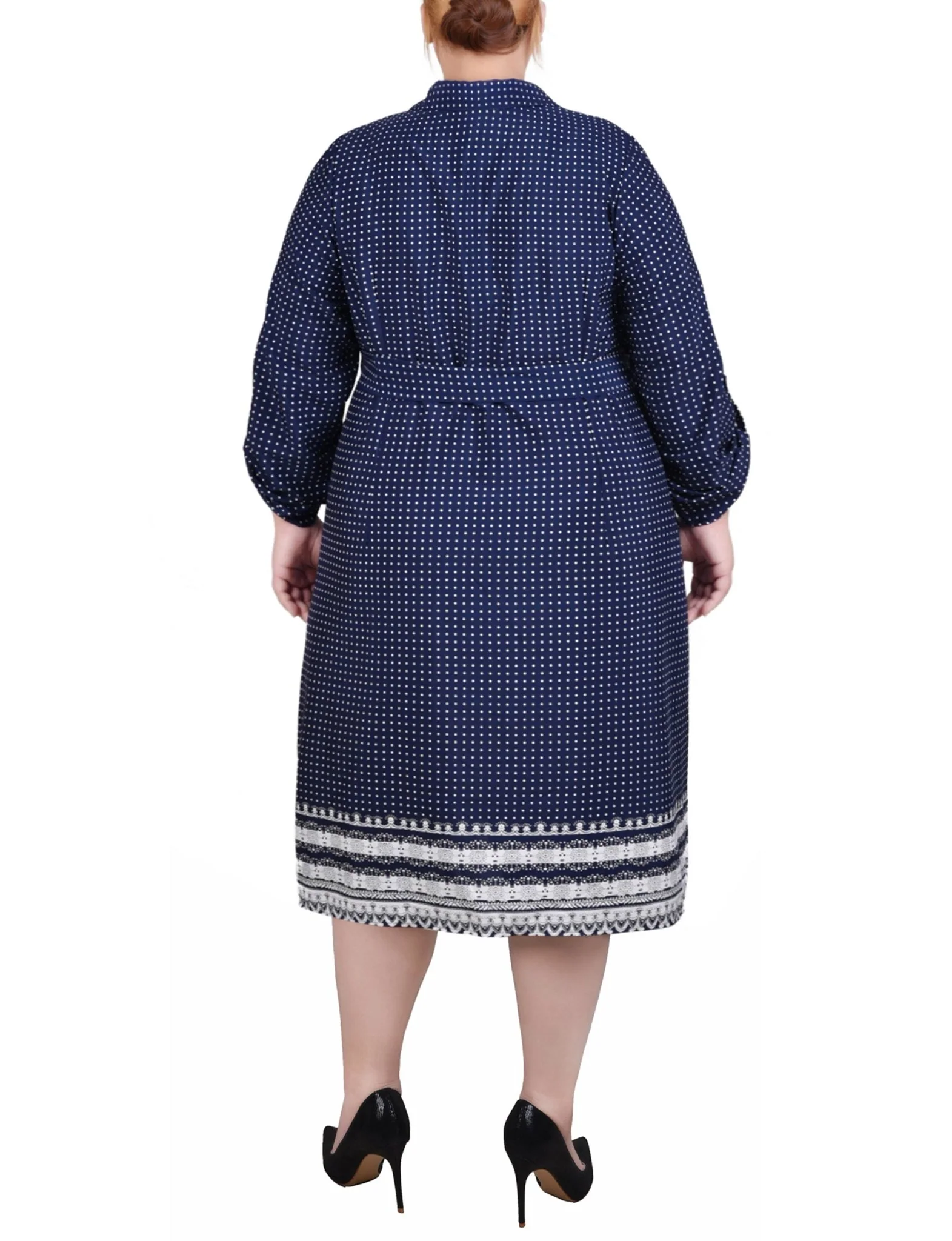Navy Border 3/4 Roll Tab Sleeve Belted Shirtdress - Plus - Image 3
