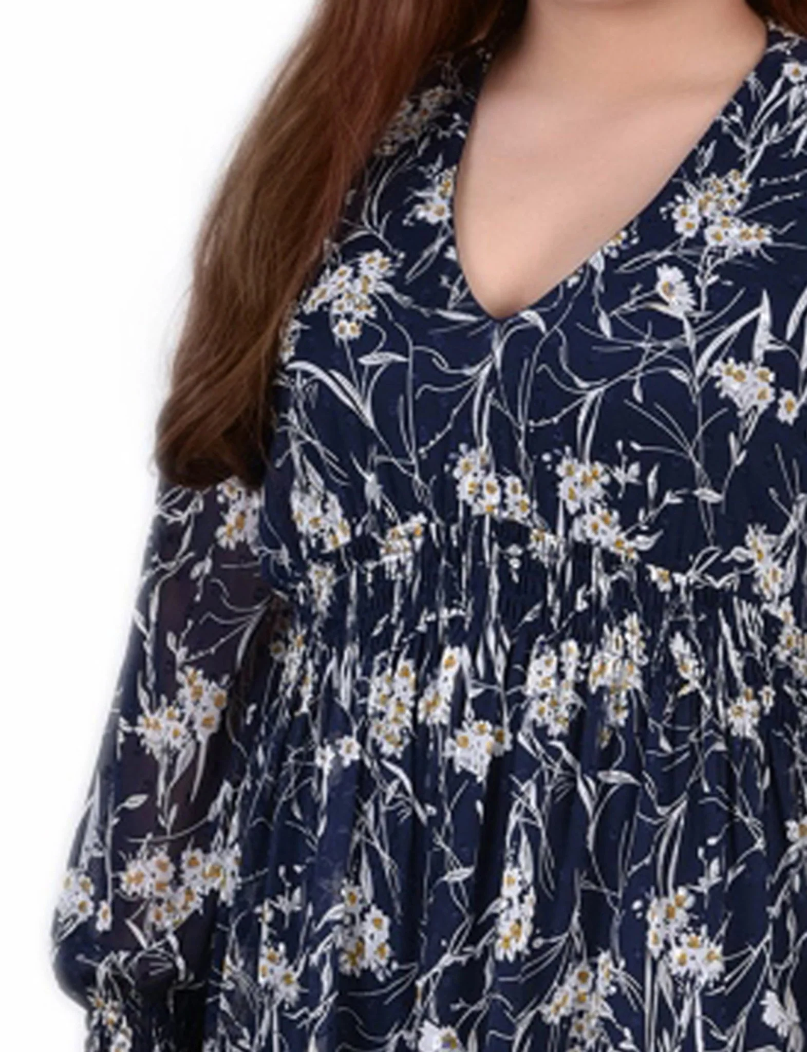 Navy Floral Long Sleeve Clip Dot Chiffon Dress With Smocked Waist and Cuffs - Plus - Image 4
