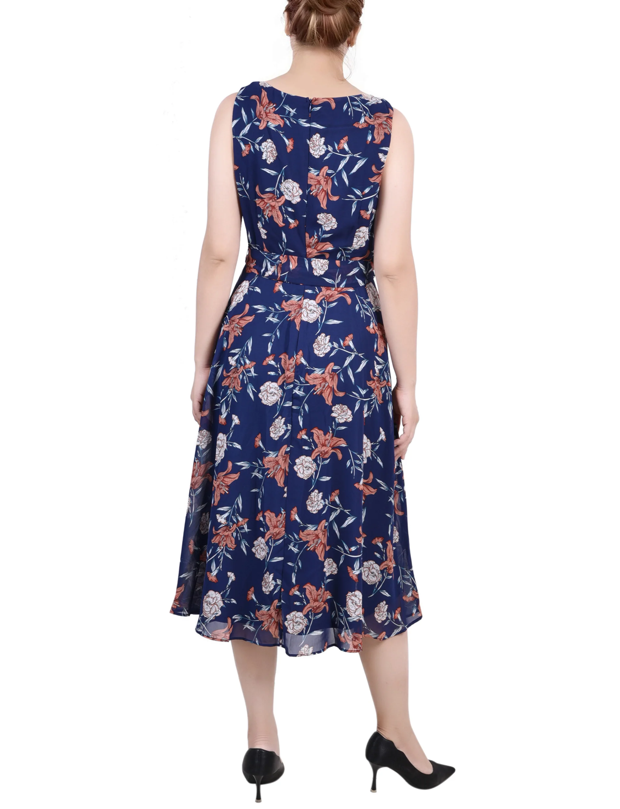 Navy Floral Sleeveless Chiffon Belted Dress - Image 4