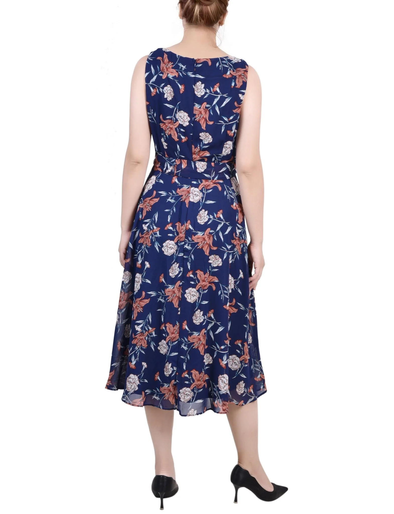 Navy Floral Sleeveless Chiffon Belted Dress - Petite - Image 3