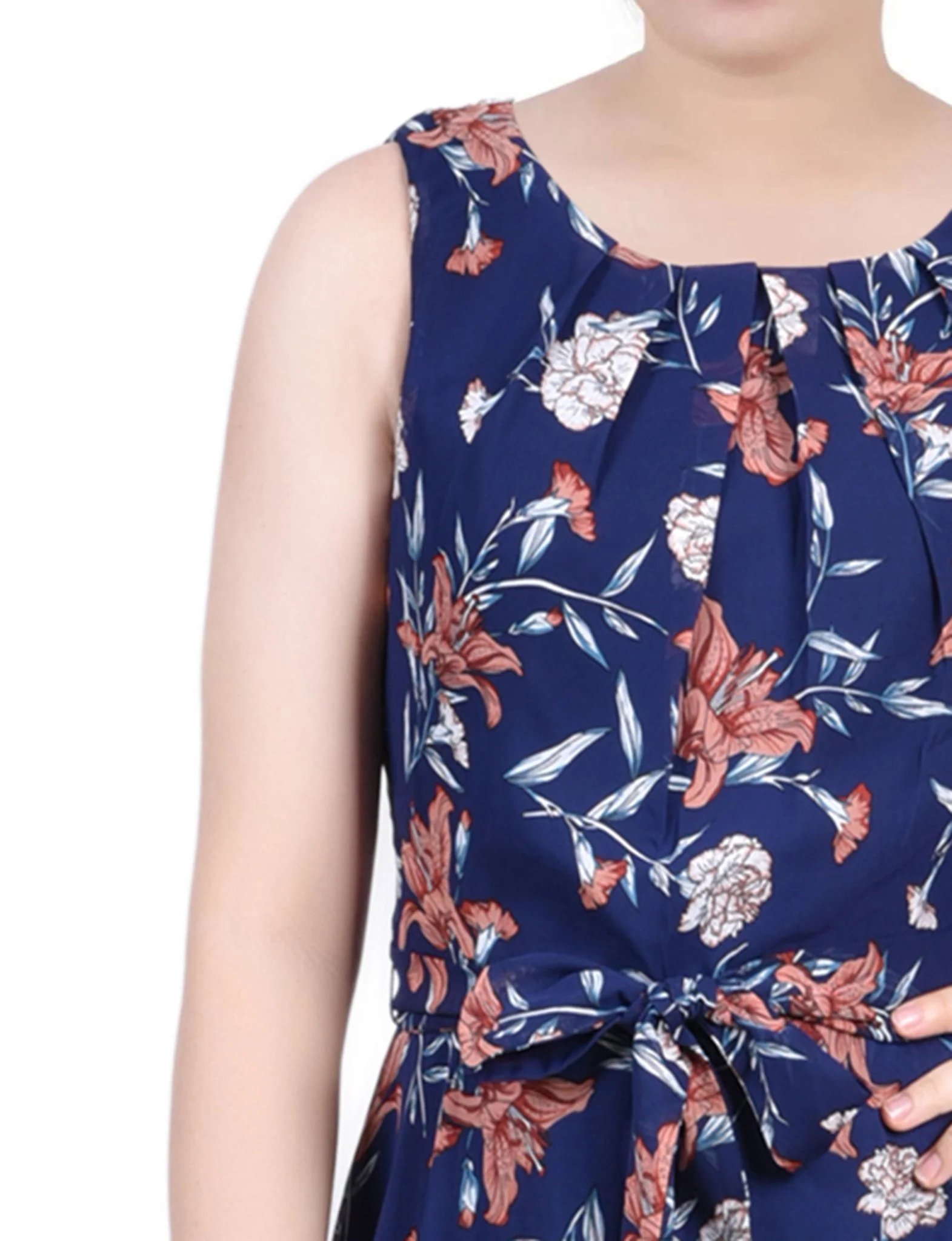 Navy Floral Sleeveless Chiffon Belted Dress - Petite - Image 4