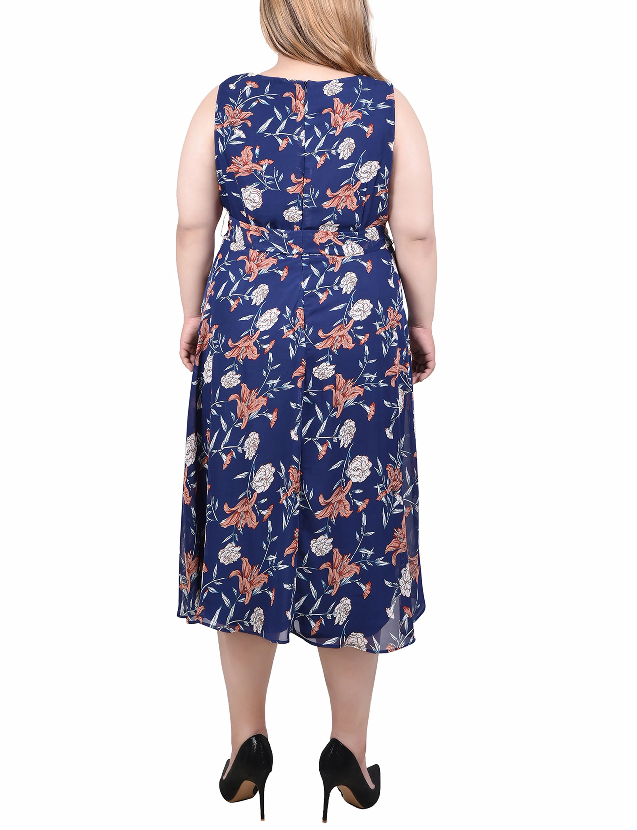 Navy Floral Sleeveless Chiffon Belted Dress - Plus - Image 3