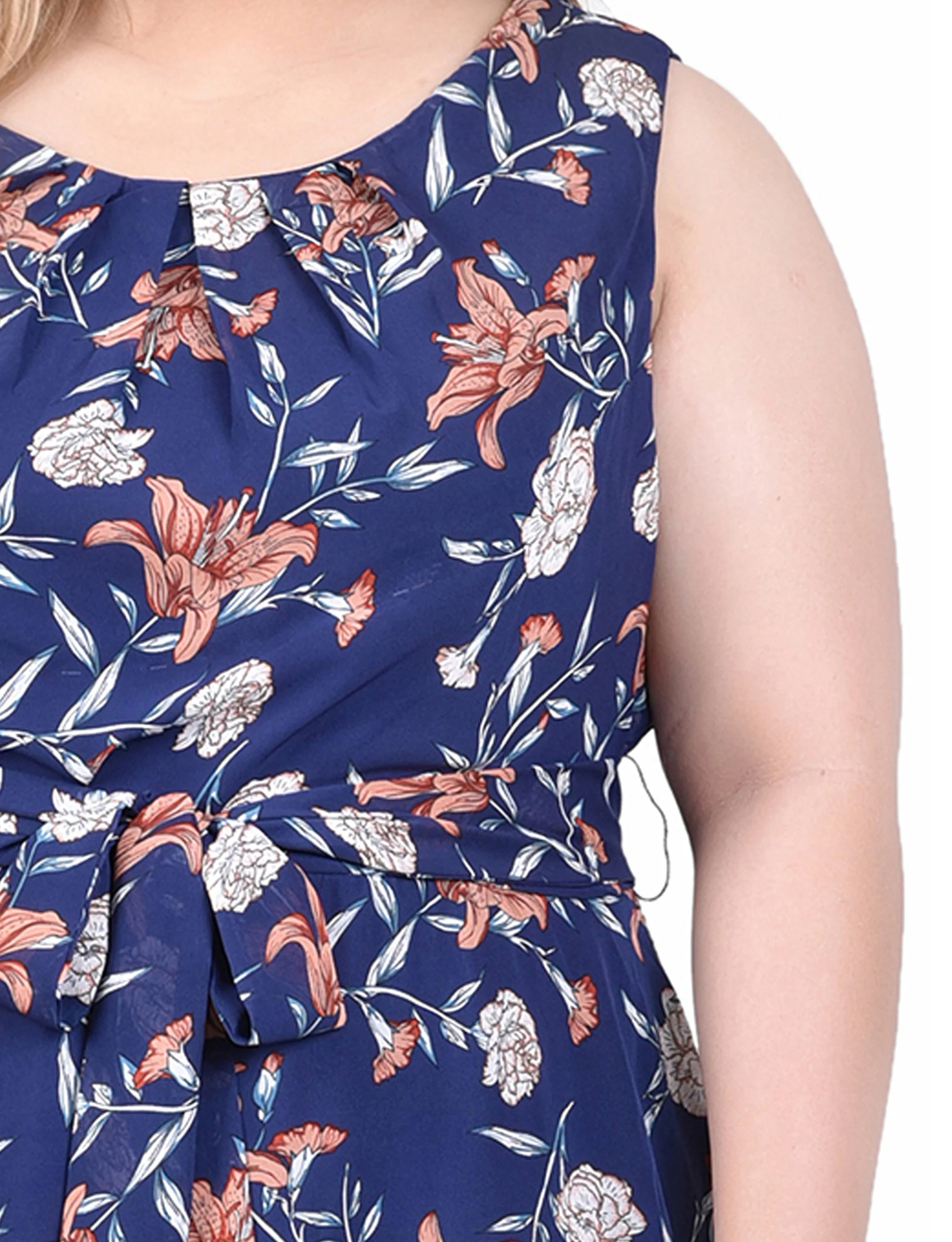 Navy Floral Sleeveless Chiffon Belted Dress - Plus - Image 4