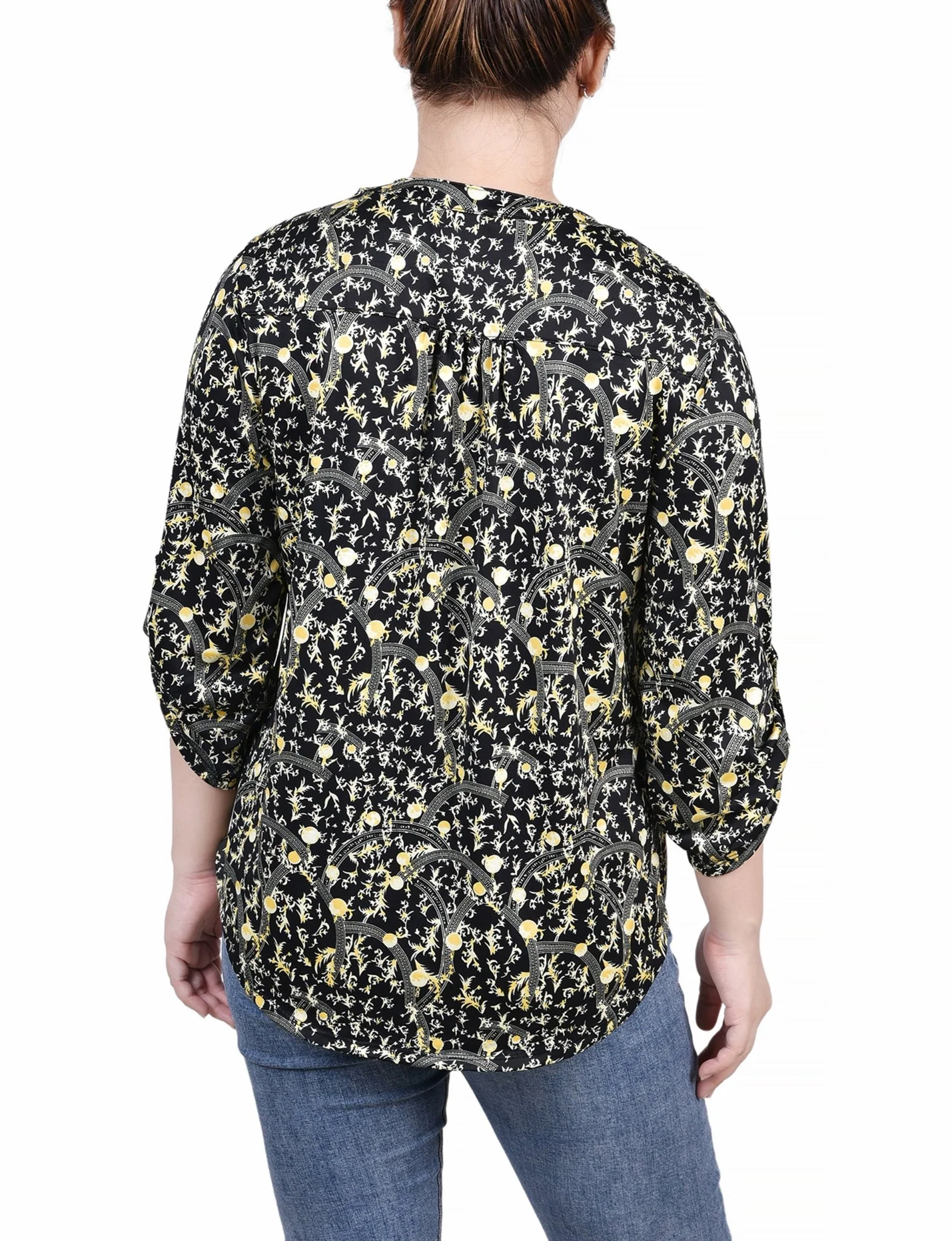 Navy Gold Damask 3/4 Roll Tab Sleeve Y Neck Top - Petite - Image 4