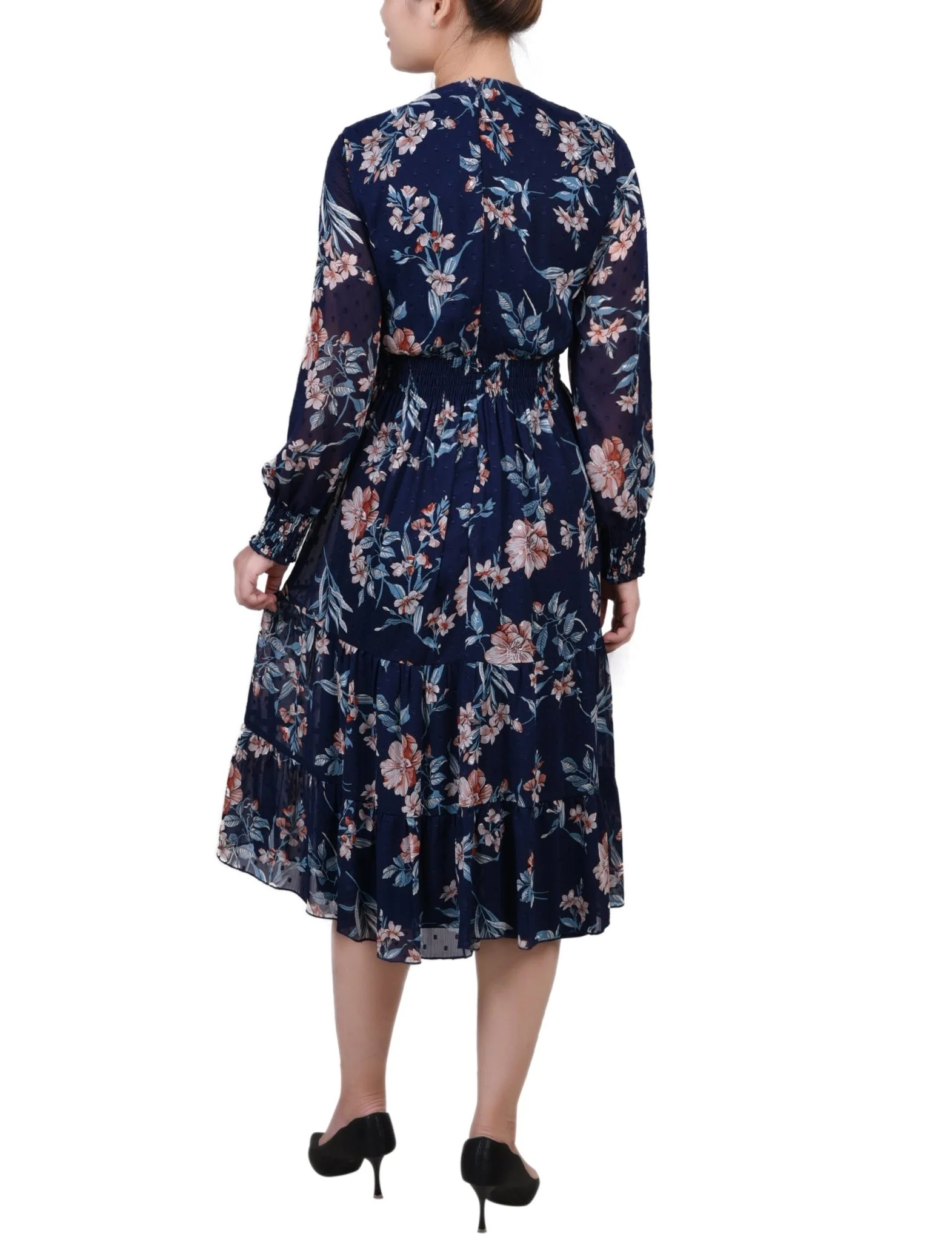 Navy Hydrolily Long Sleeve Clip Dot Chiffon Dress With Smocked Waist and Cuffs - Image 3