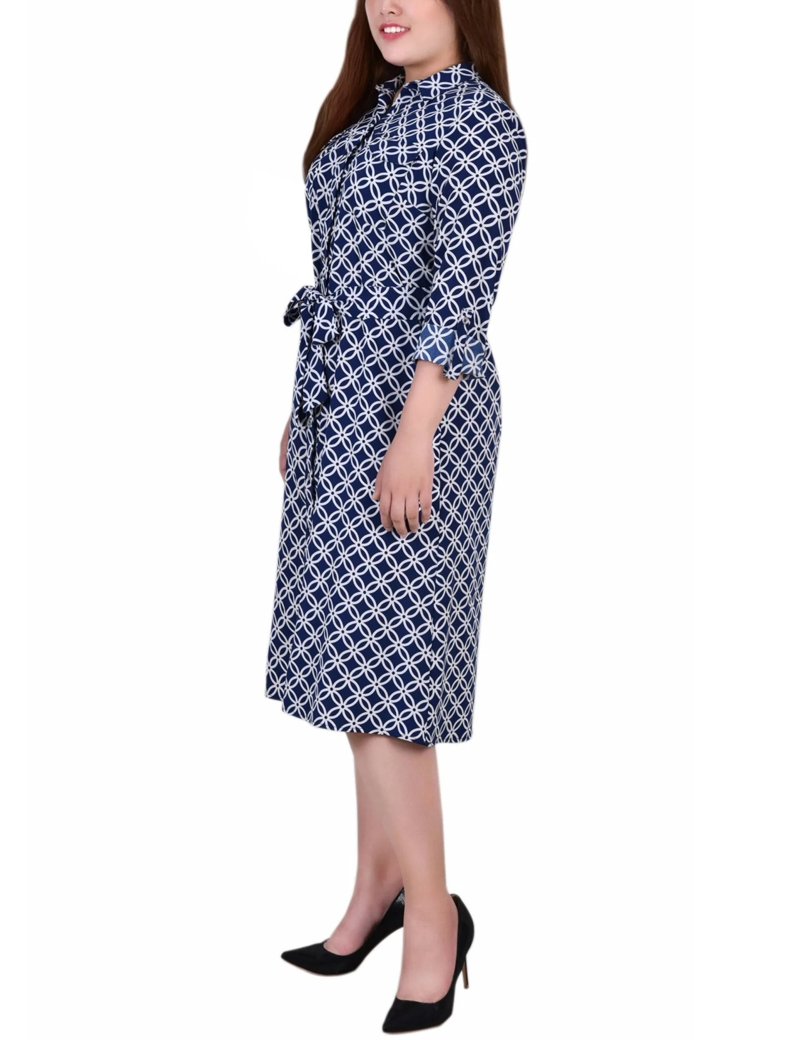 Navy Iconic 3/4 Roll Tab Sleeve Belted Shirtdress - Plus - Image 2