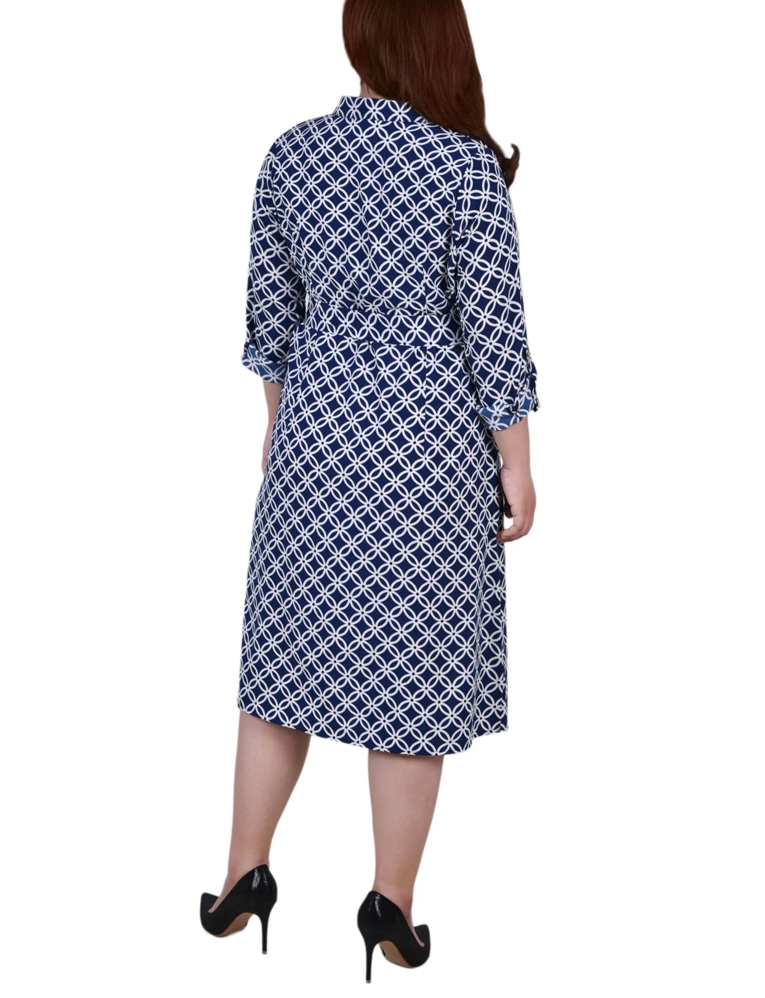 Navy Iconic 3/4 Roll Tab Sleeve Belted Shirtdress - Plus - Image 3