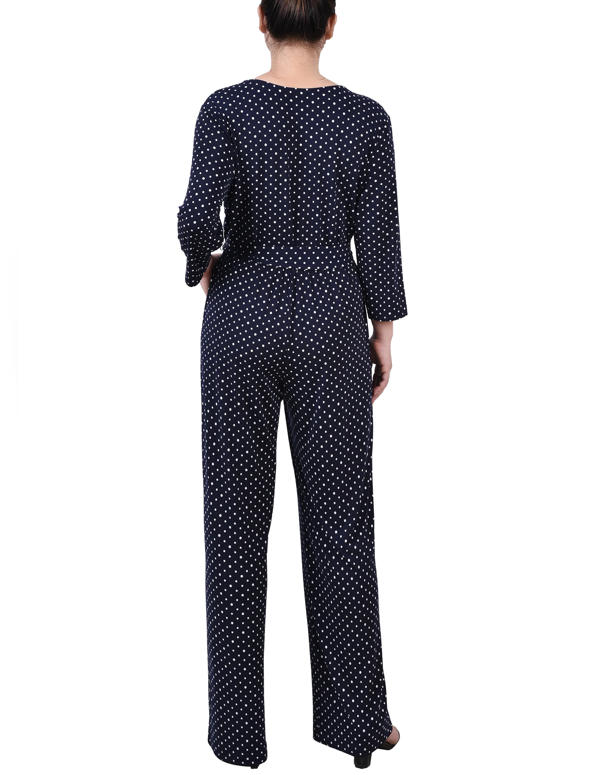 Navy Polka Dot 3/4 Sleeve Belted Jumpsuit - Petite - Image 4