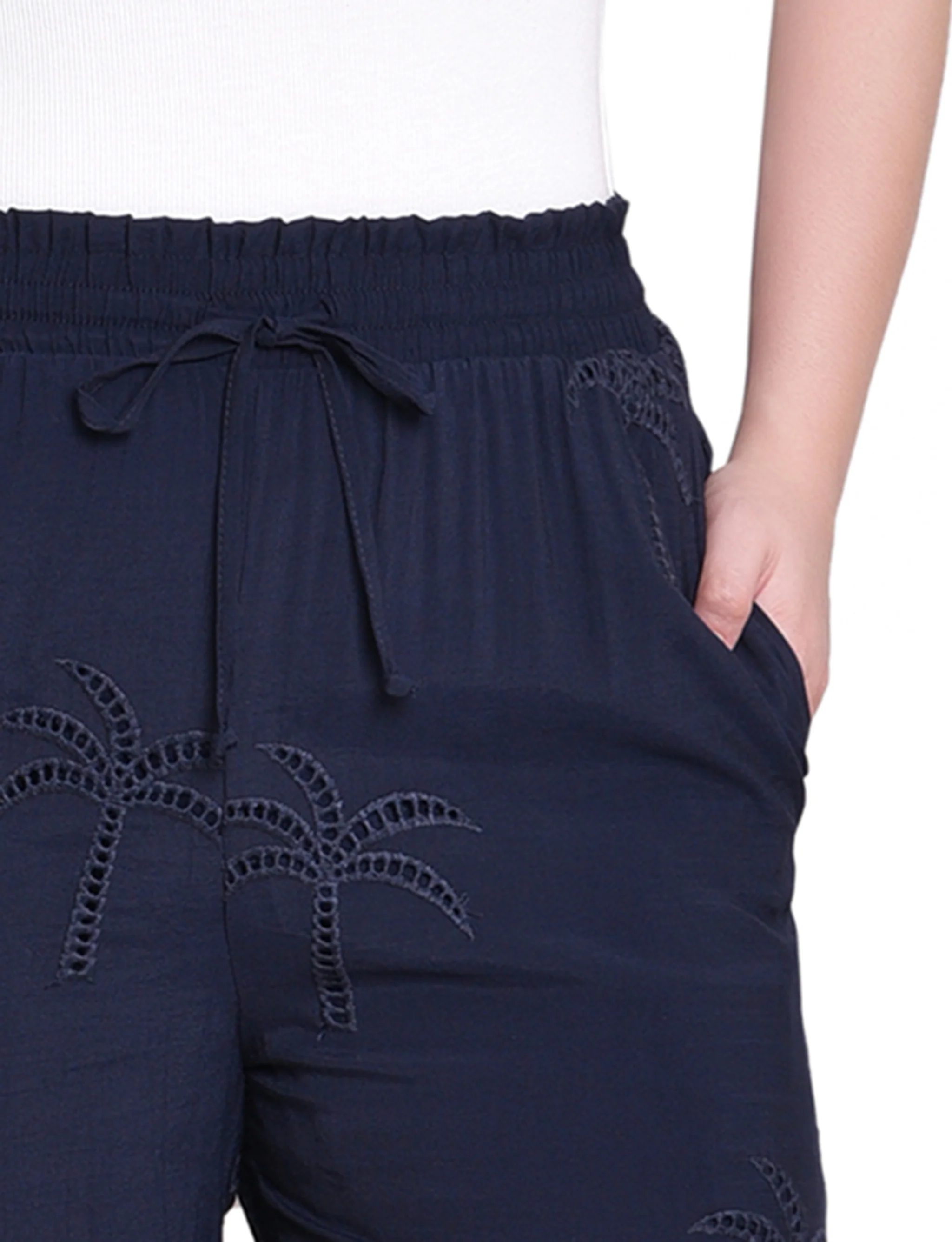 Navy Pull On Pants With Embroidery - Image 3