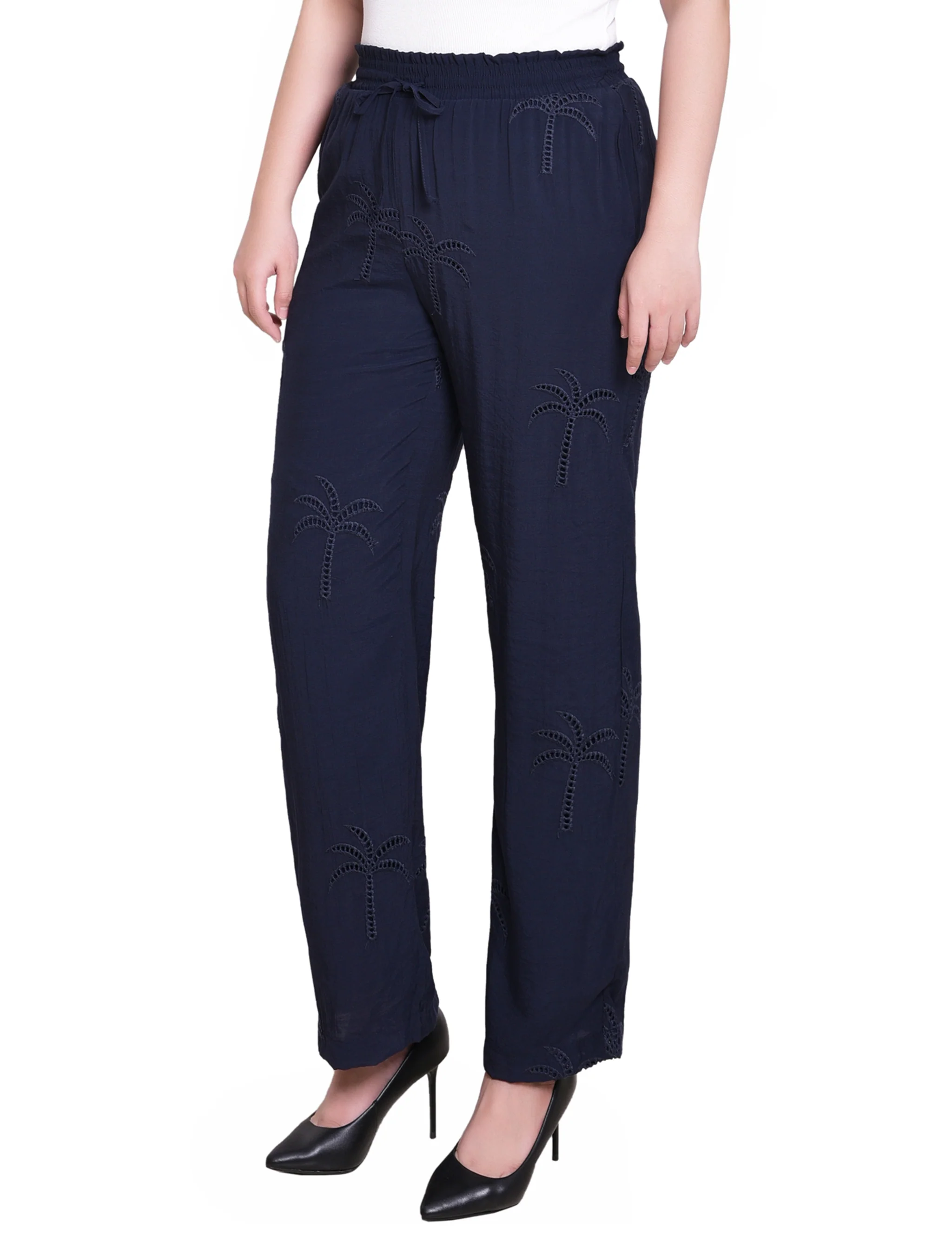 Navy Pull On Pants With Embroidery - Petite - Image 3