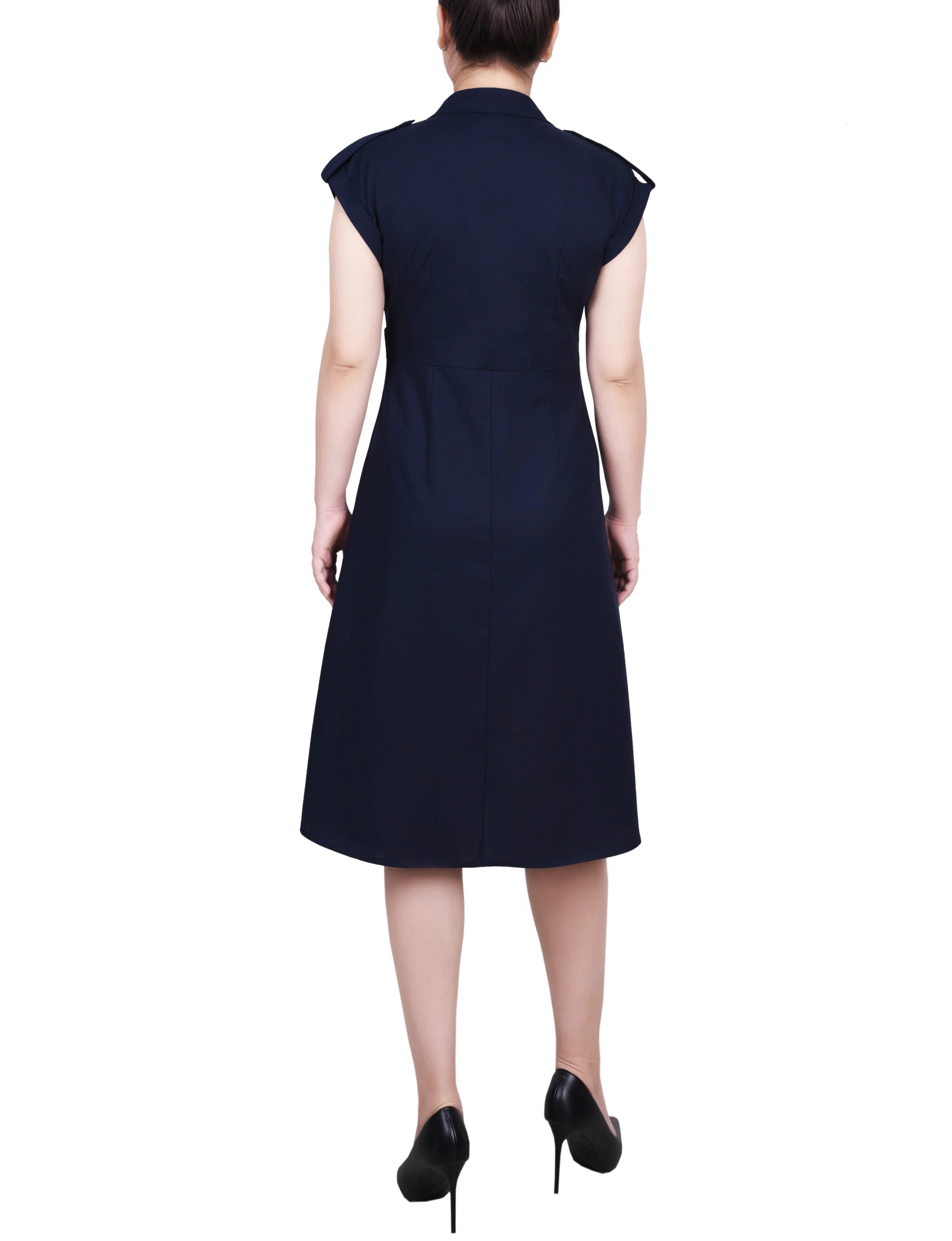 Navy Short Sleeve Button Front Linen Dress - Image 3