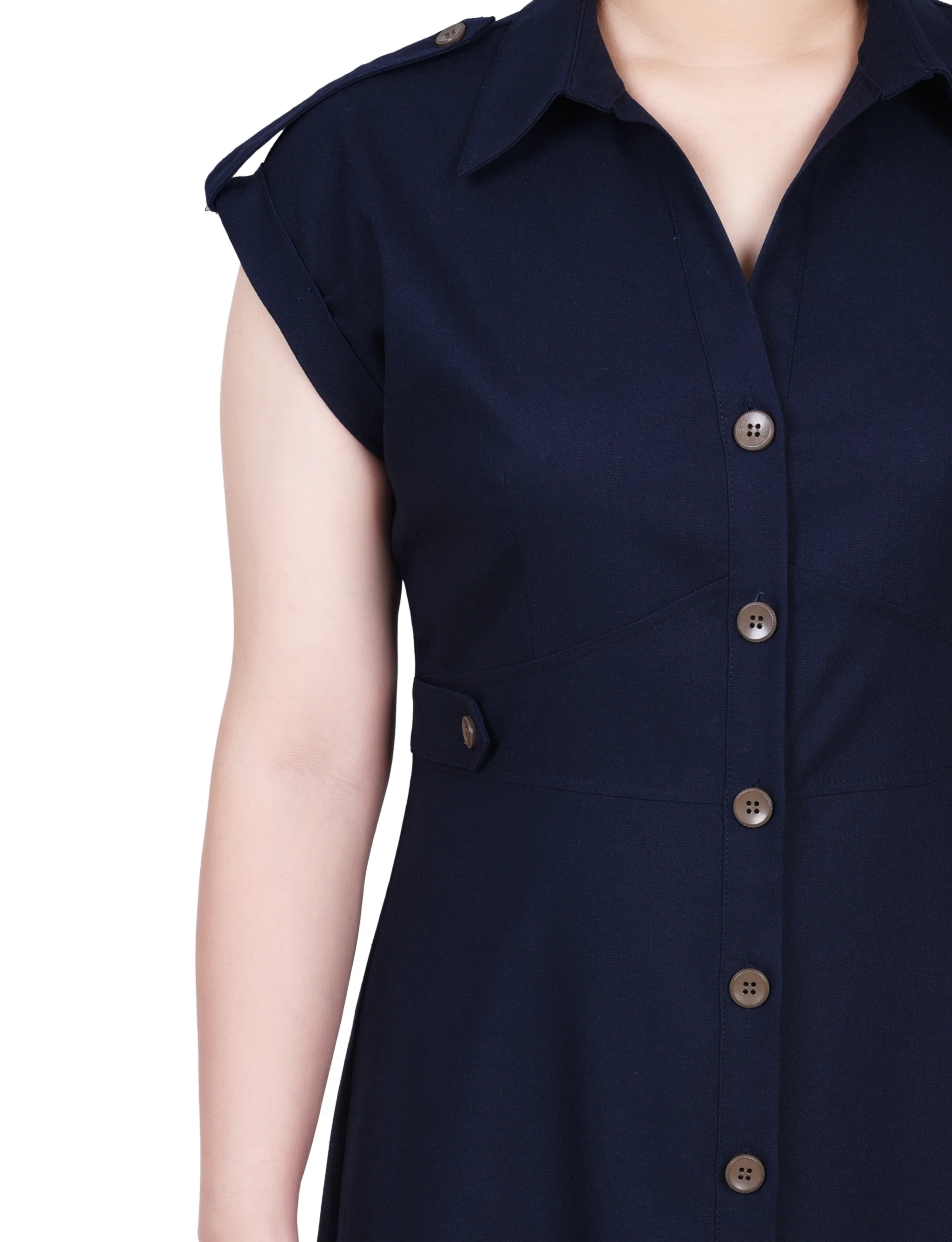 Navy Short Sleeve Button Front Linen Dress - Image 4