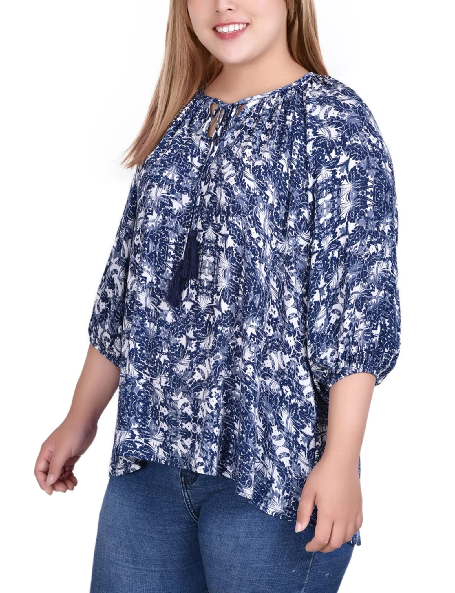 Navy Skyterrace 3/4 Sleeve Peasant Top With Tie Neckline - Plus - Image 2