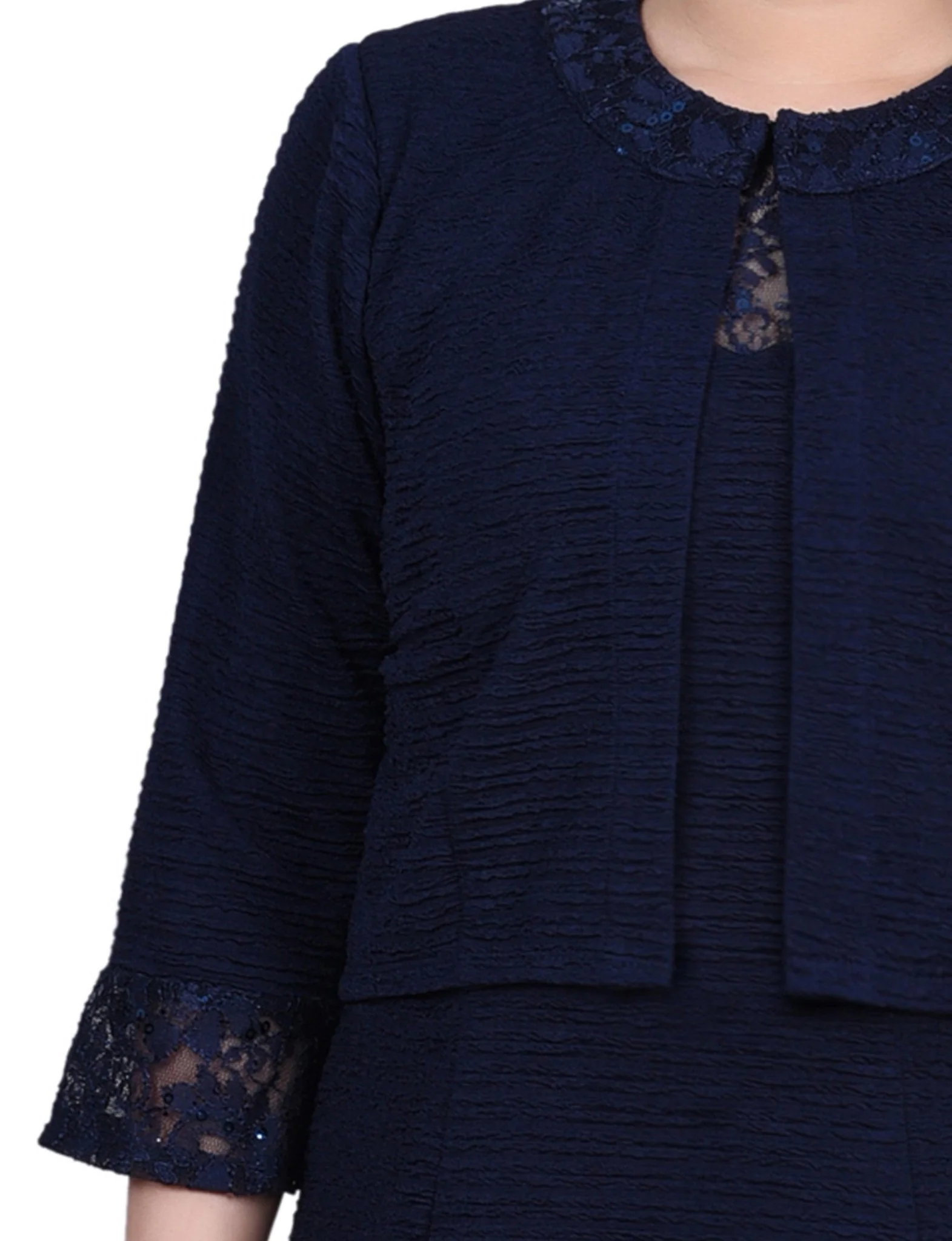 Navy Two Piece Novelty Knit and Lace Dress Set - Petite - Image 4