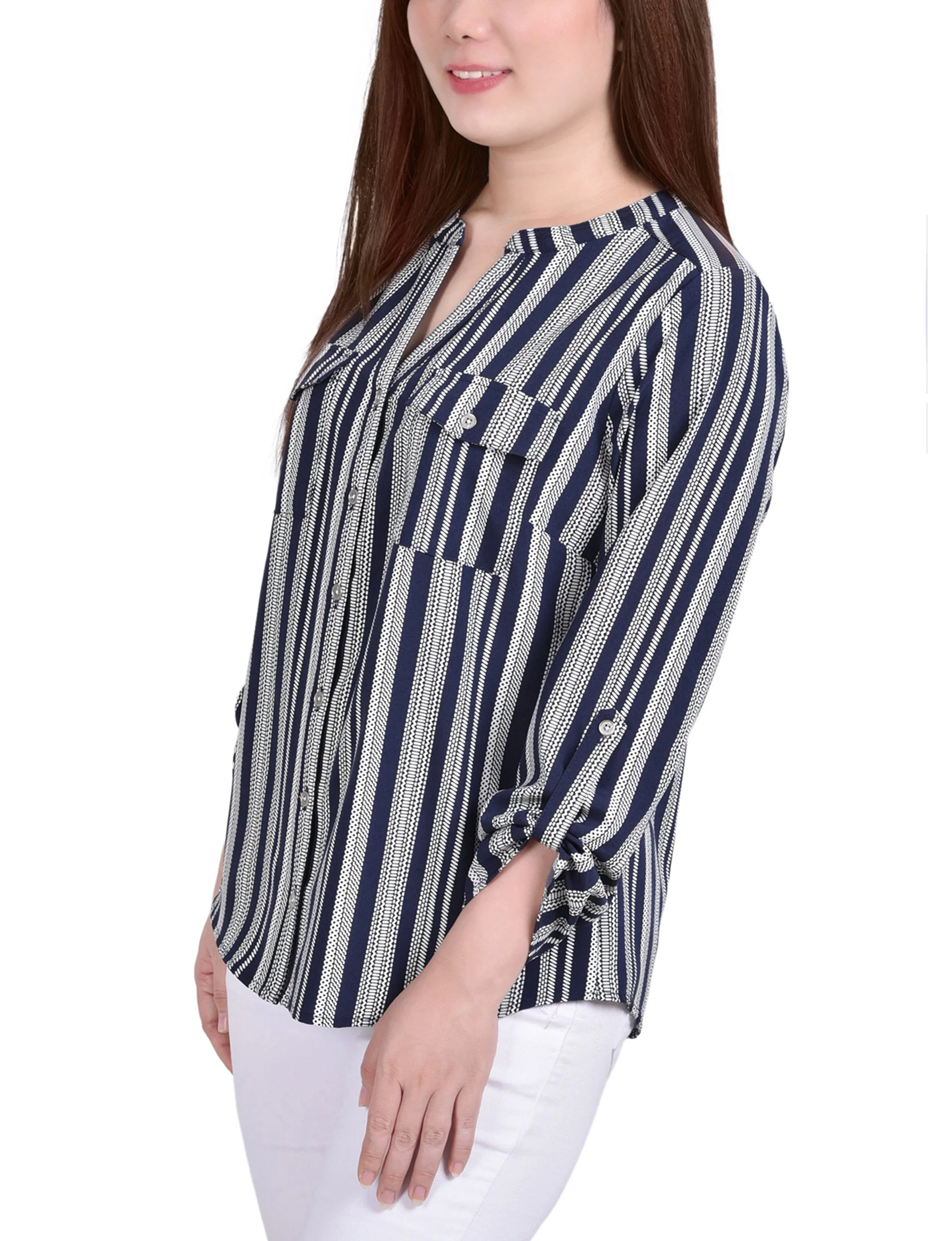 Navy White Stripe 3/4 Roll Tab Sleeve Mandarin Collar Blouse - Petite - Image 2