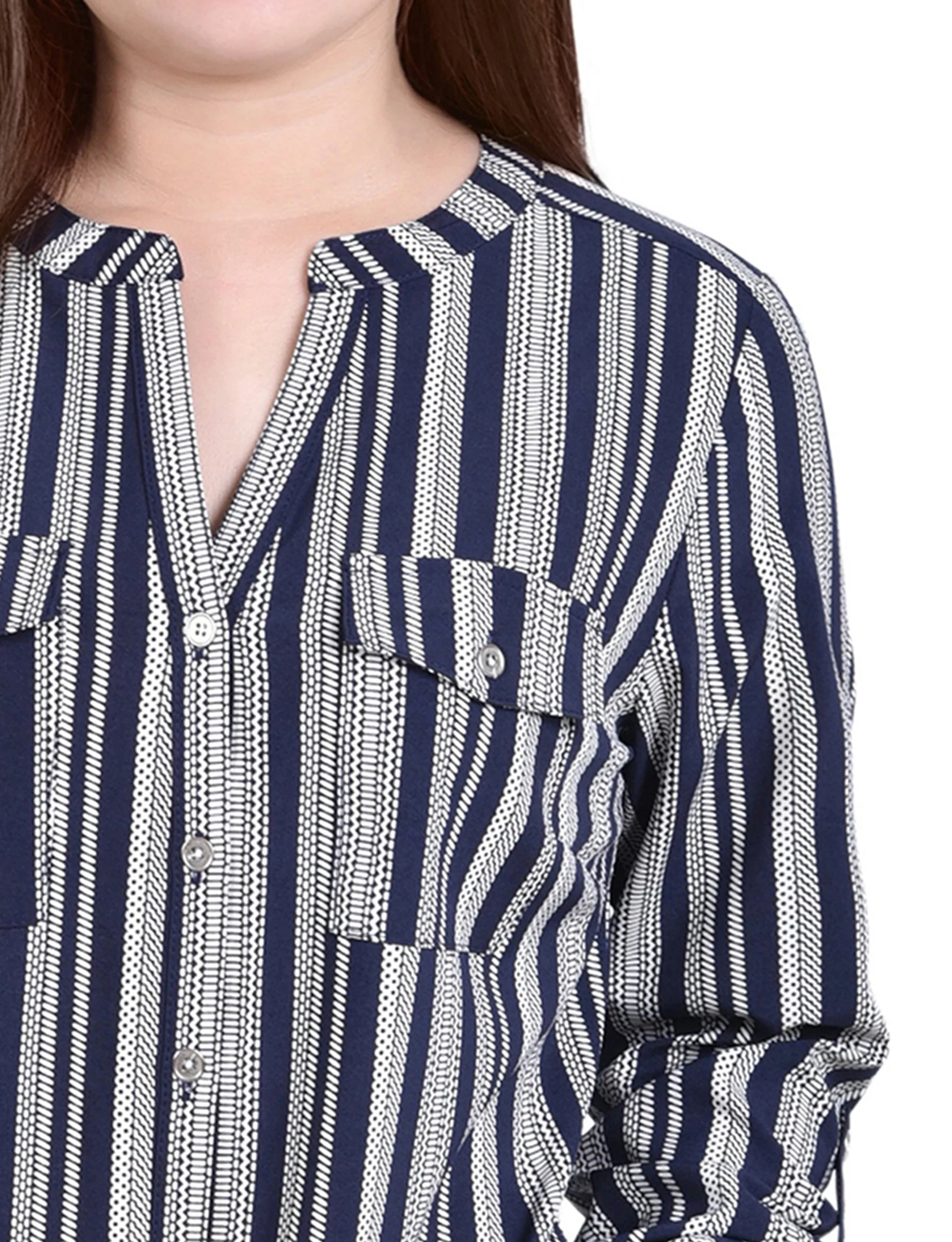 Navy White Stripe 3/4 Roll Tab Sleeve Mandarin Collar Blouse - Petite - Image 3