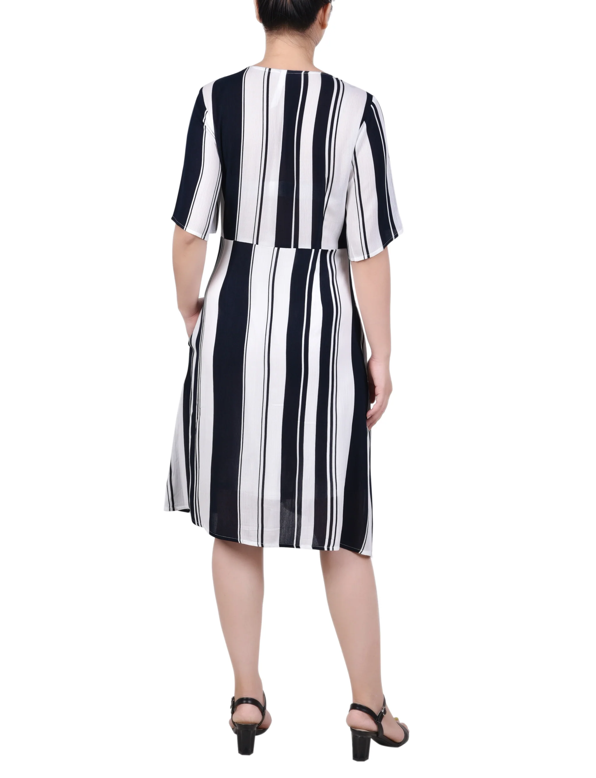 Navy White Stripe Elbow Sleeve Button Front Dress - Image 3