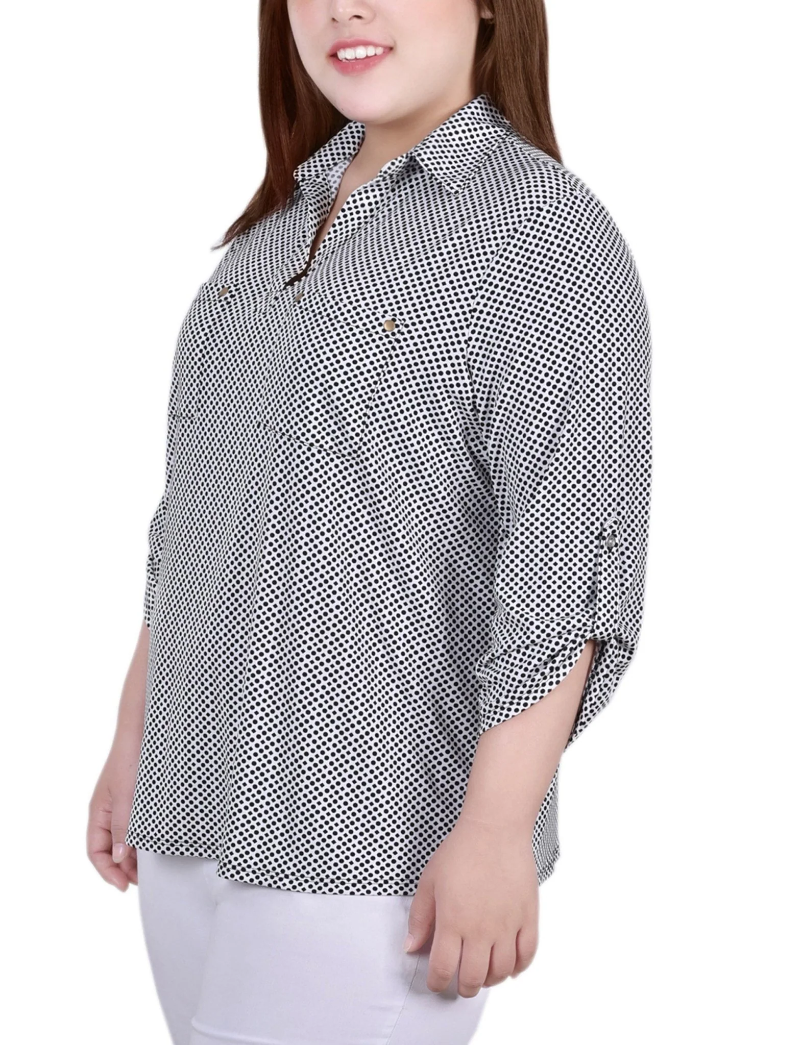 Night Particle 3/4 Roll Tab Sleeve Studded Y Neck Top - Plus - Image 2