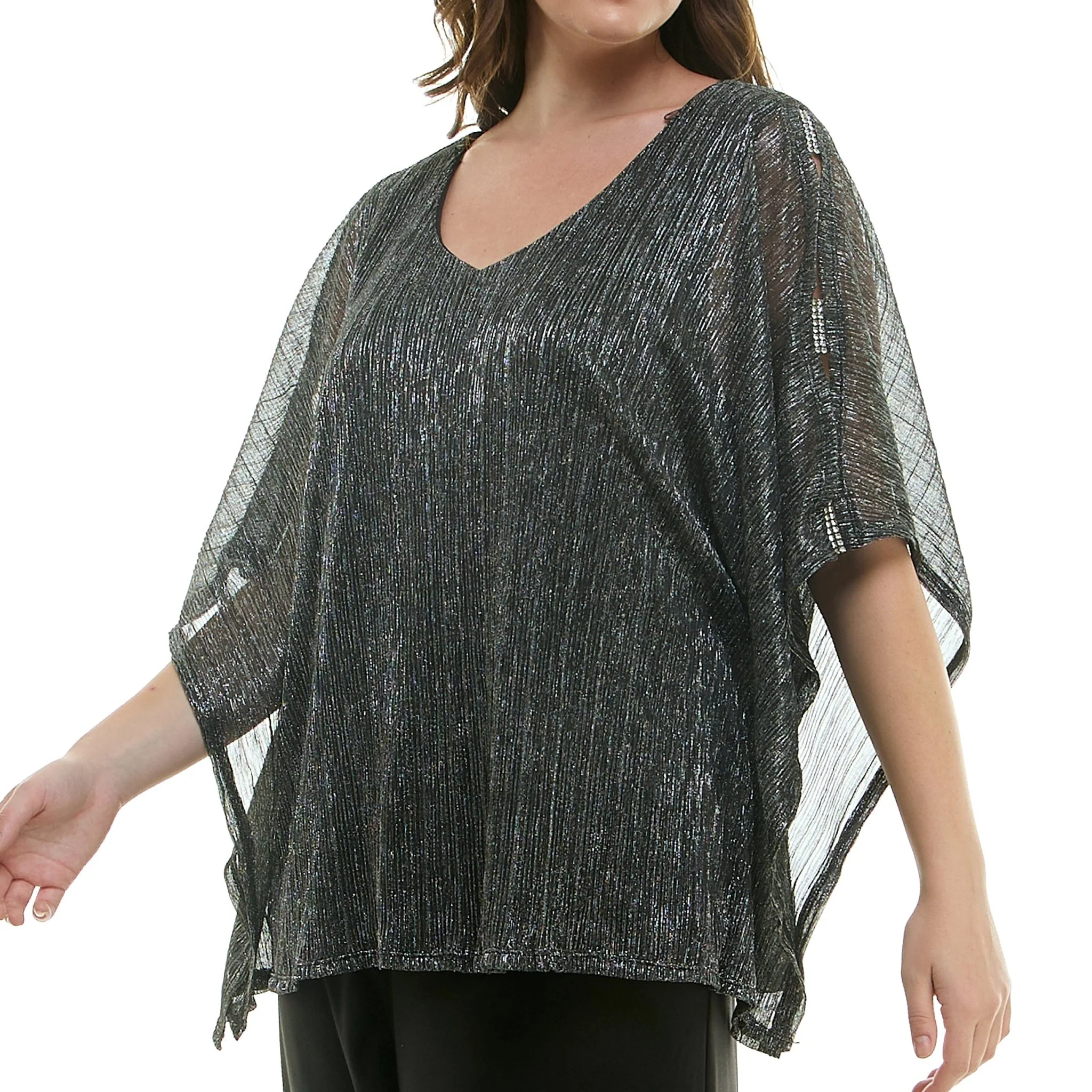 Novelty Trim Cold Shoulder Poncho Pant Set - Plus - Image 2